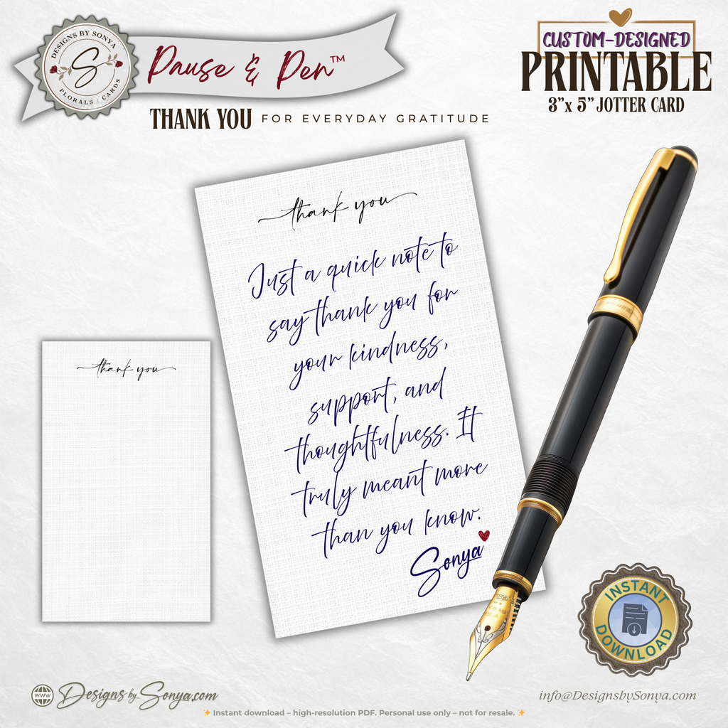 Thank You Jotter Card Printable – 3x5 Minimal Gratitude Note Card – Pause & Pen™ Everyday Thank You Card for Gift Bags & Baskets