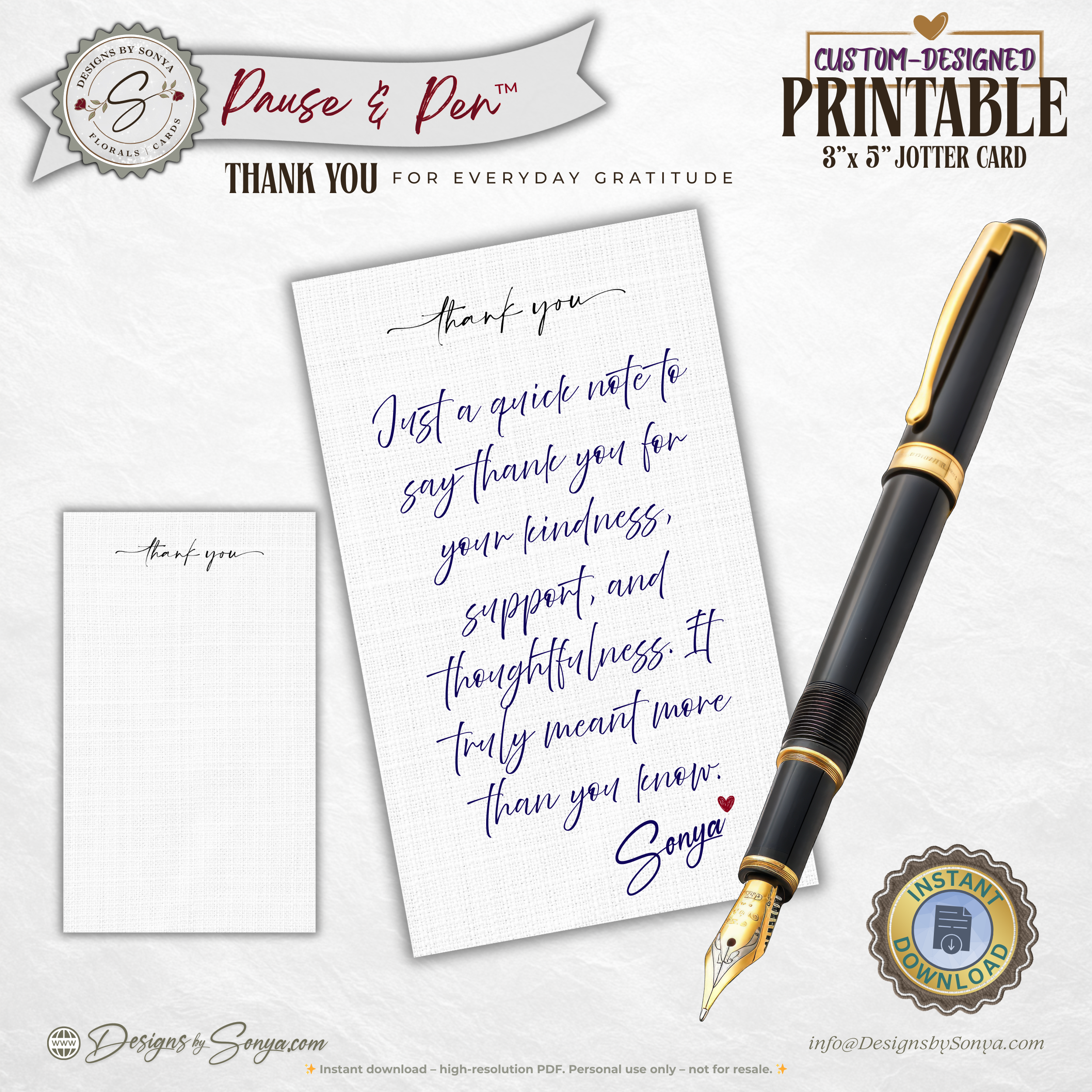 Thank You Jotter Card Printable – 3x5 Minimal Gratitude Note Card – Pause & Pen™ Everyday Thank You Card for Gift Bags & Baskets