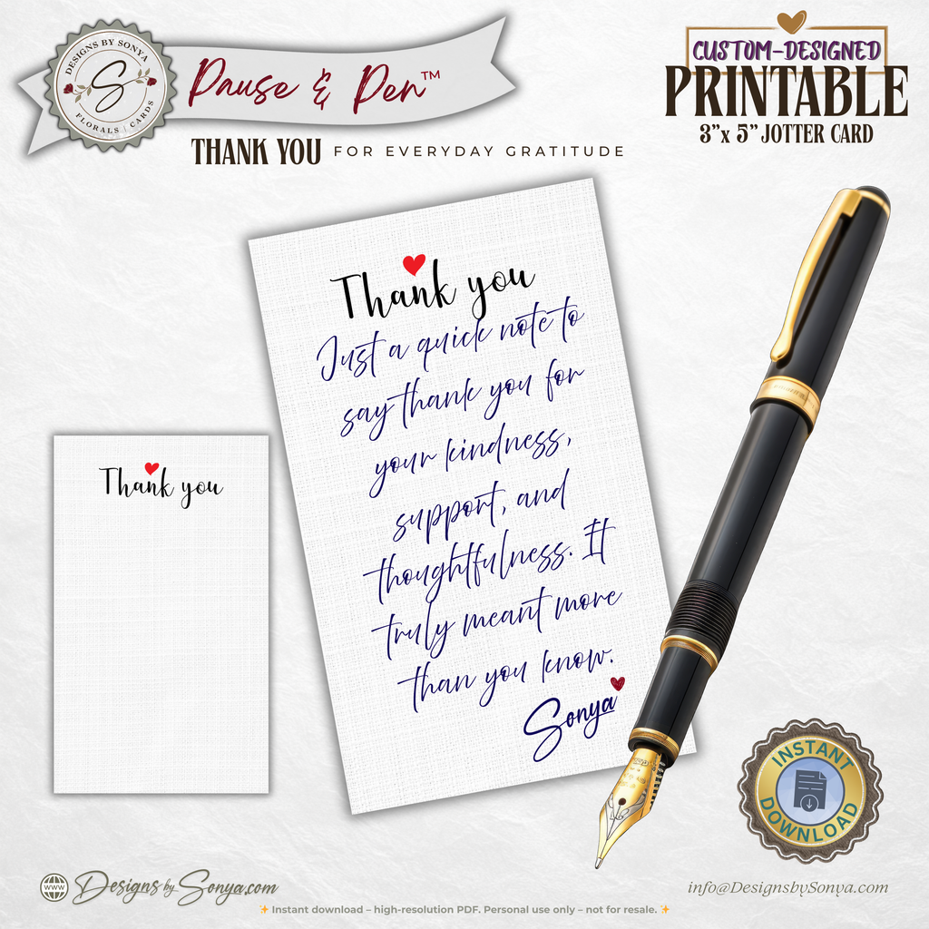 Thank You Jotter Card Printable Set of 3 – 3x5 Minimal Gratitude Note Cards – Pause & Pen™ Thank You Cards for Gifts & Baskets