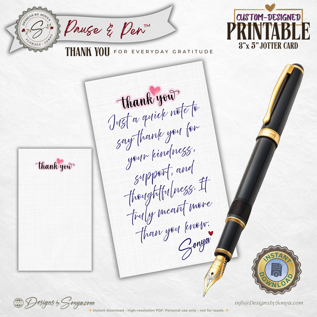 Thank You Jotter Card Printable – 3x5 Gratitude Note with Pink Heart – Pause & Pen™ Minimal Thank You Card for Gifts & Baskets