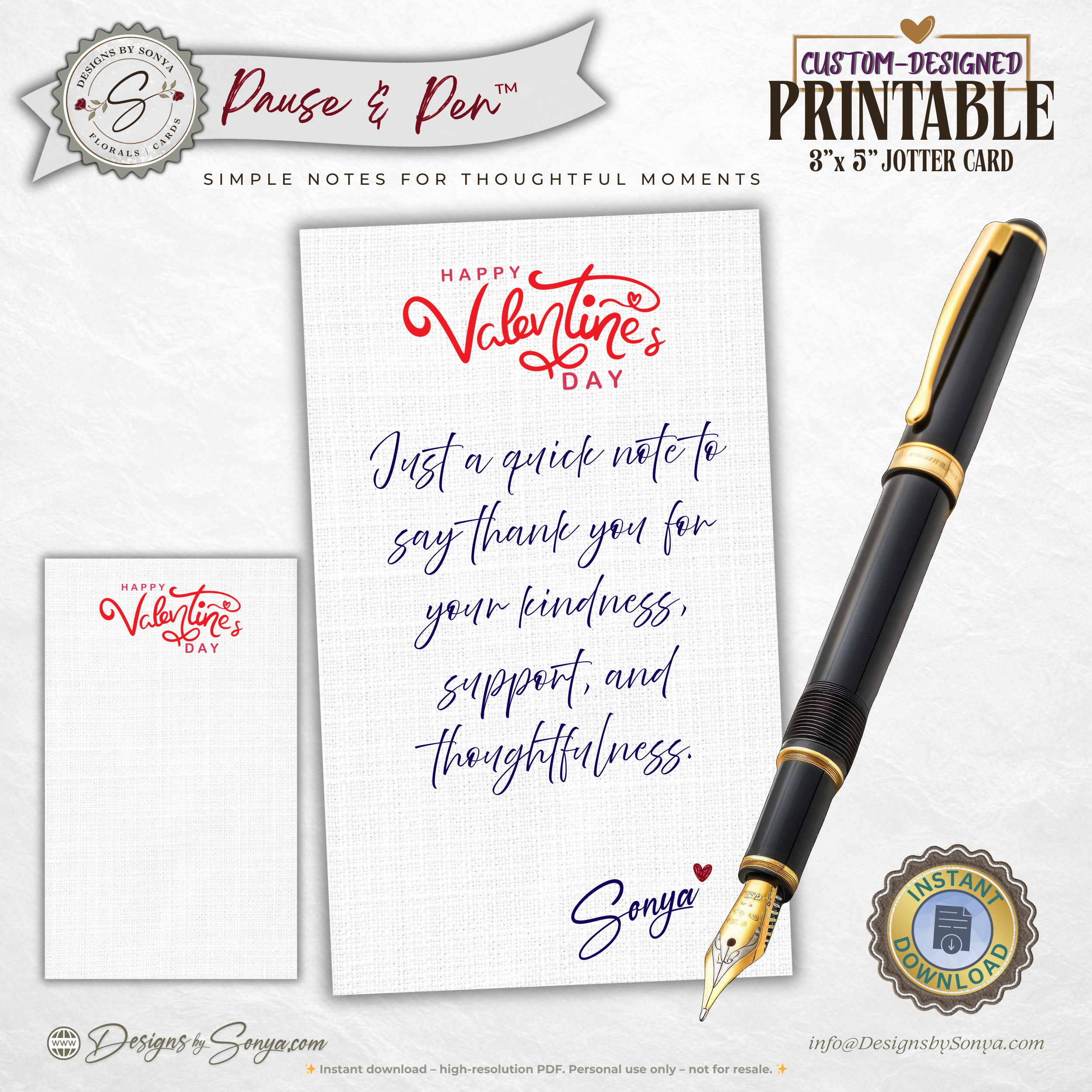 Valentine Thank You Card Printable – 3 x 5 Jotter Card for Gift Enclosures, Small Valentine Gifts, and Thoughtful Appreciation Notes