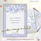 Prewritten Message Insert
Insert shows the included sentiment: “Wishing you a birthday filled with happiness, laughter, and unforgettable moments!” framed with delicate blue florals.