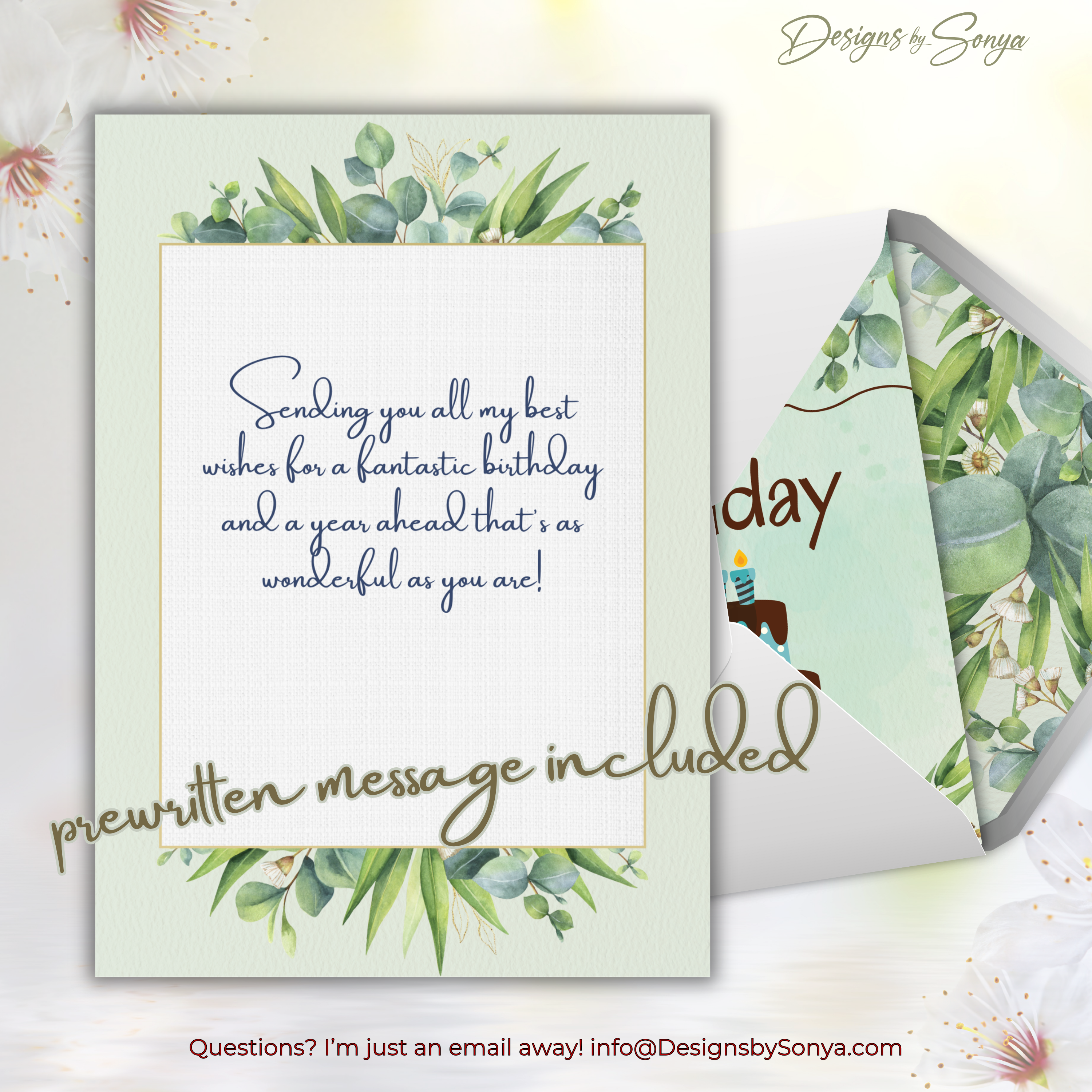 Printable Birthday Card with Cake Design | A7 5x7 Digital Greeting Card | Instant Download DIY Birthday Card with Envelope Liner