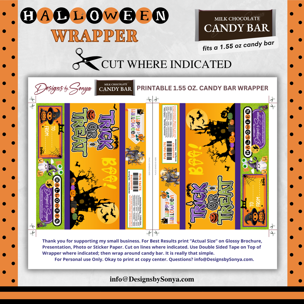 Custom Halloween Digital Candy Bar Wrapper | Printable Candy Bar Covers | Instant Download for Trick-or-Treat Party Favors | Fits 1.55 oz Hershey's Chocolate Bar