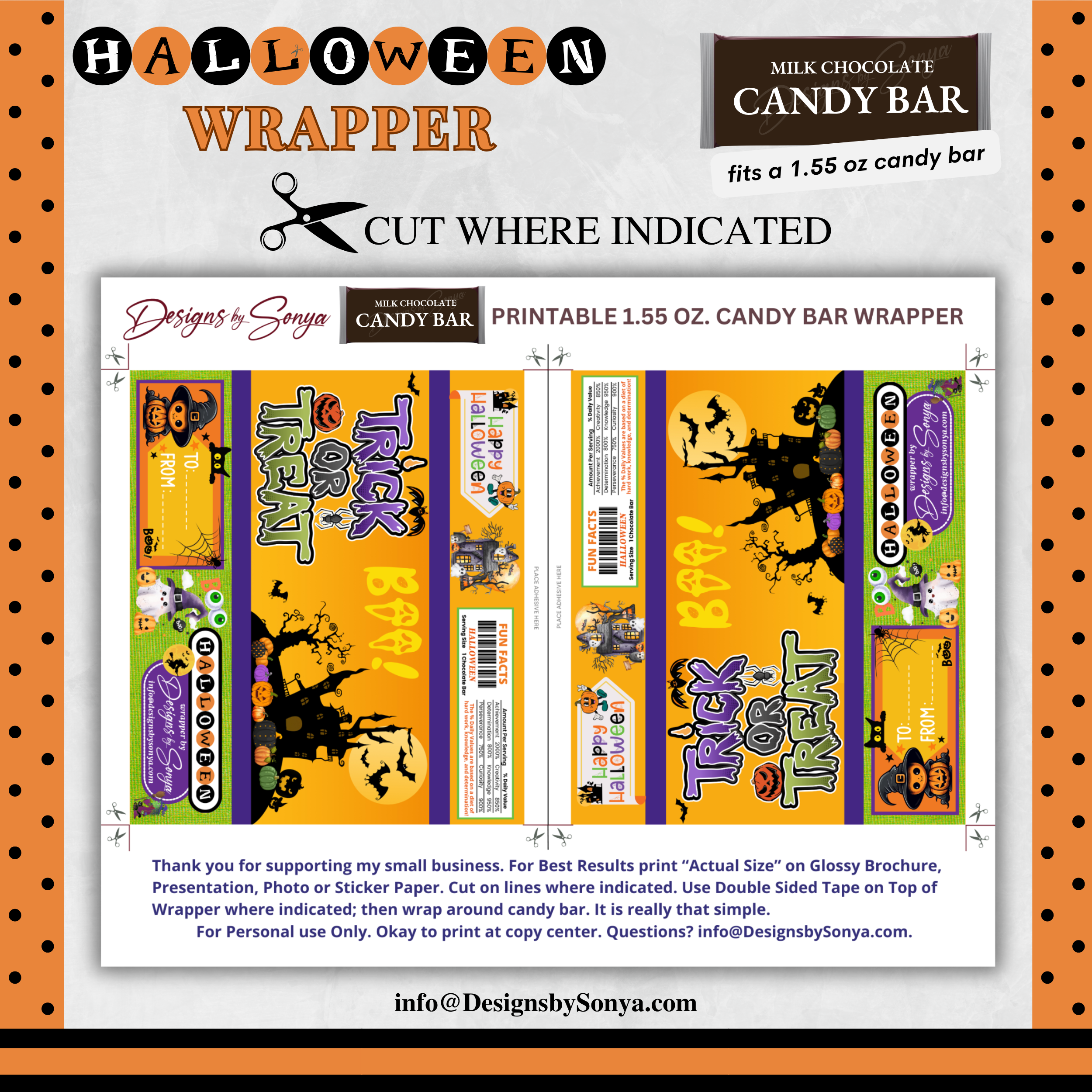 Custom Halloween Digital Candy Bar Wrapper | Printable Candy Bar Covers | Instant Download for Trick-or-Treat Party Favors | Fits 1.55 oz Hershey's Chocolate Bar