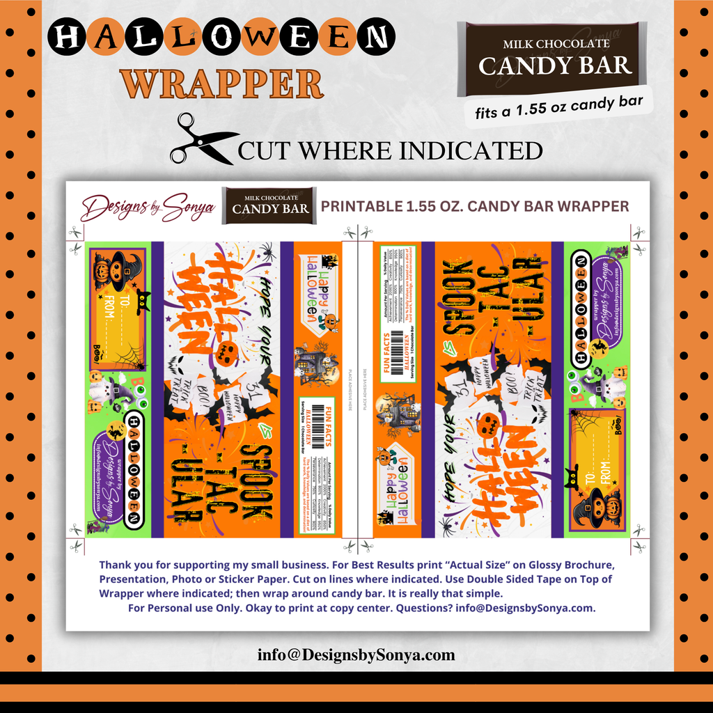 Custom Halloween Digital Candy Bar Wrapper | Printable Candy Bar Covers | Instant Download for Trick-or-Treat Party Favors | Fits 1.55 oz Hershey's Chocolate Bar