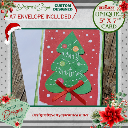 LIMITED EDITION | Festive 5" x7" Green Christmas Tree Embellished with a 1/4" Hand Tied Bow | Custom 3D Layered Holiday Greeting Card