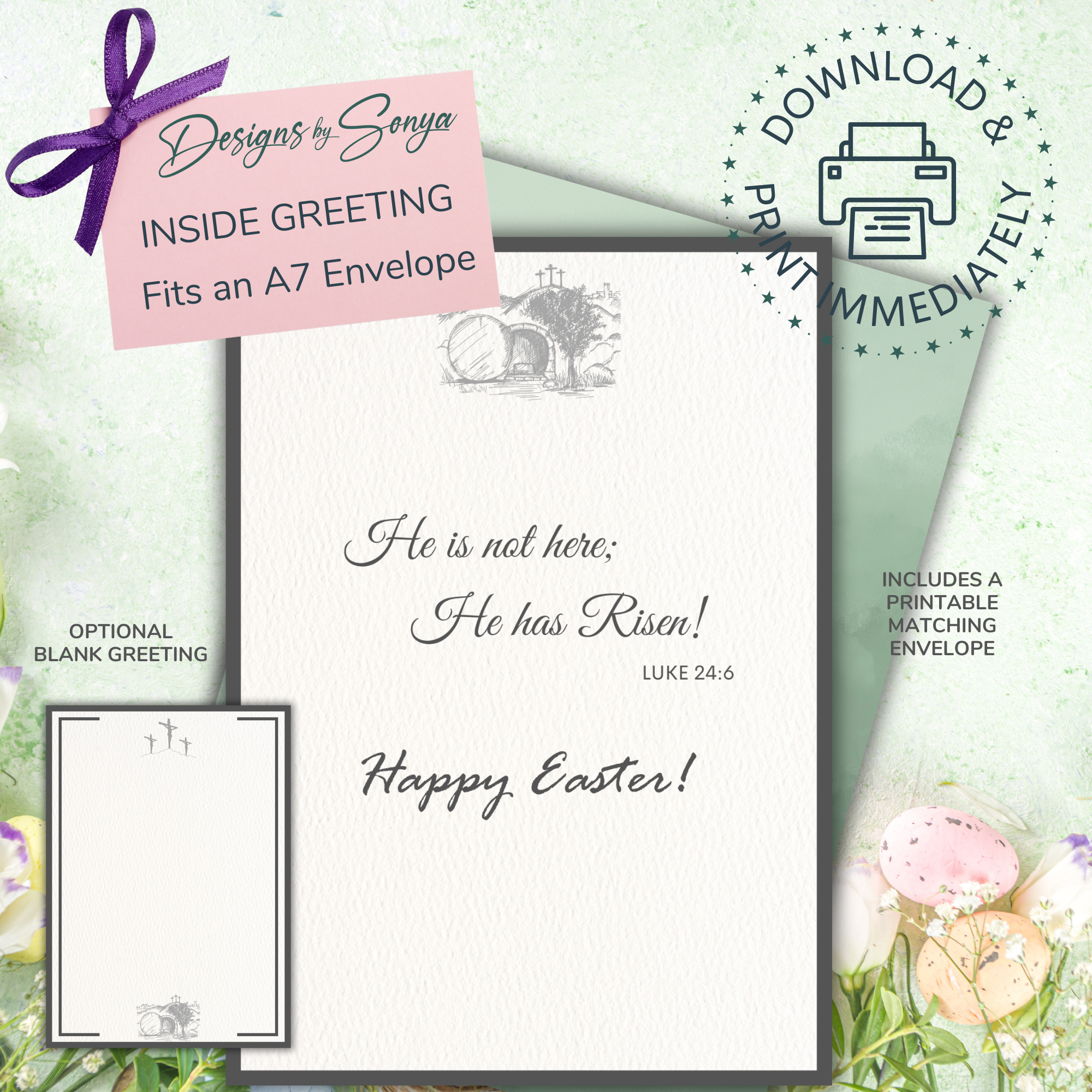 Custom Designed 5 x 7 Printable Card - He is Risen w/ Gold Cross | Inside Greeting and Envelope Included - Instant Download - Print from Home