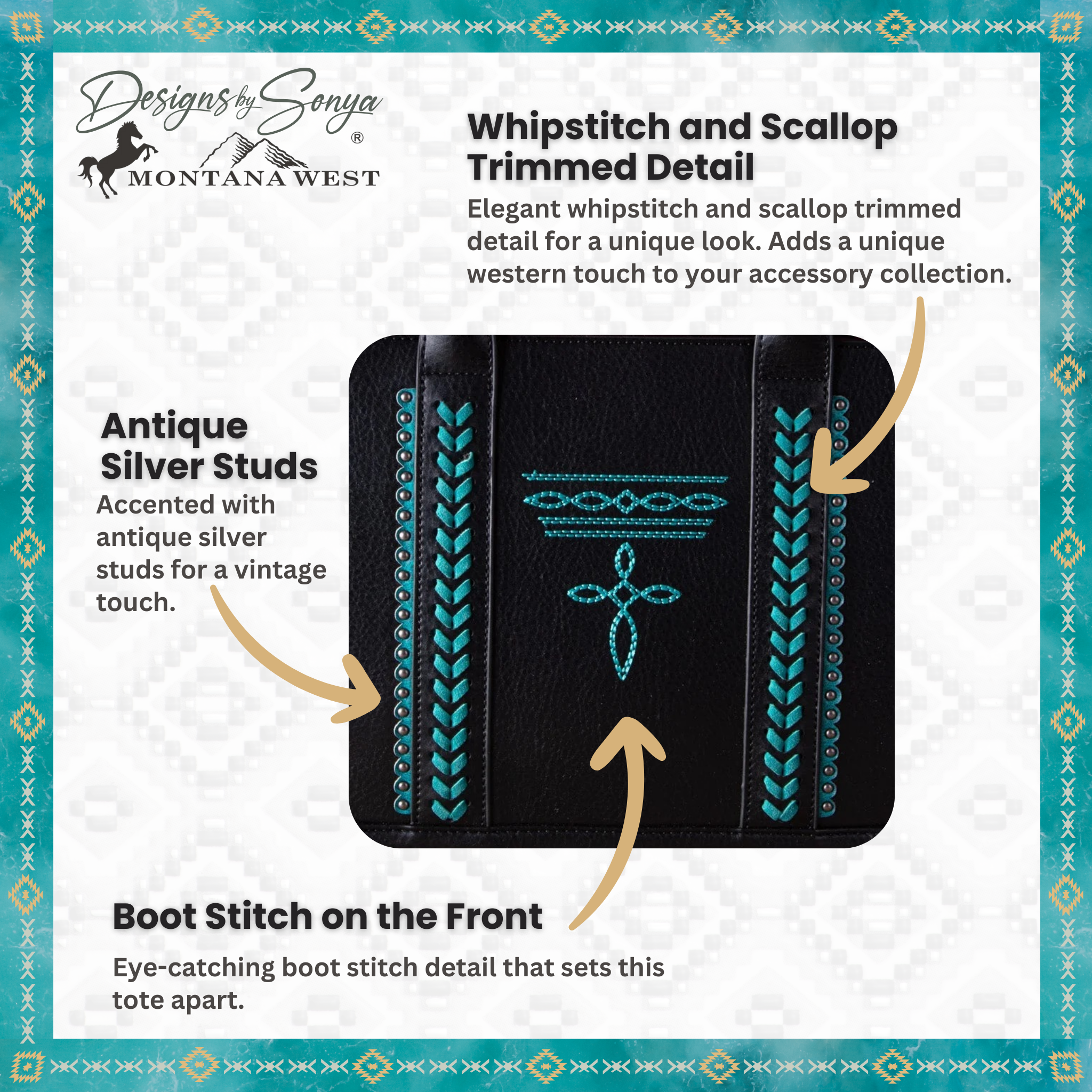 Montana West Whipstitch Concealed Carry Tote with Matching Bi-Fold Wallet | MW1124-H8120SW | Black with Turquoise