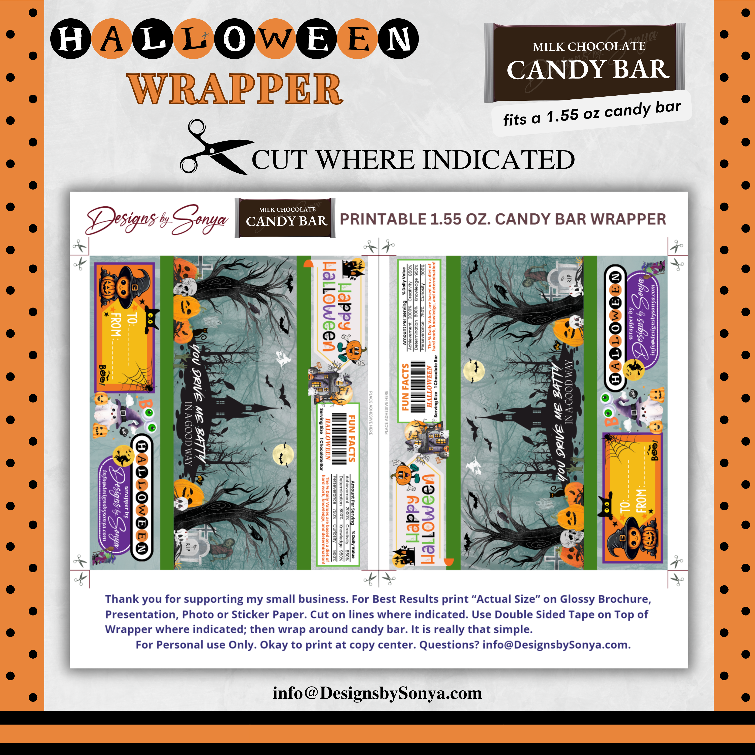 Custom Halloween Digital Candy Bar Wrapper | Printable Candy Bar Covers | Instant Download for Trick-or-Treat Party Favors | Fits 1.55 oz Hershey's Chocolate Bar