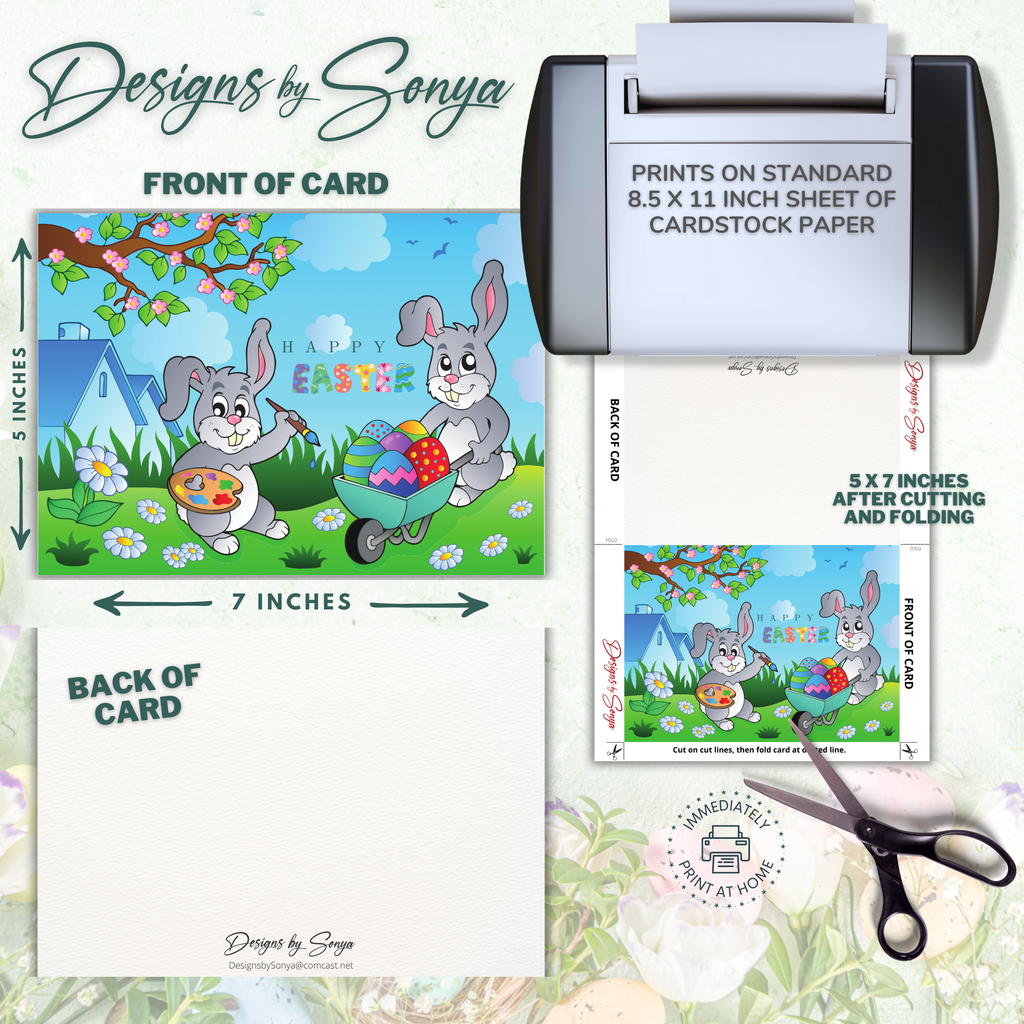 DIY Bunny Printable Easter Greeting Card | Digital Download | 5x7 Folded Card with Envelope | Cute Spring Design | Instant Print at Home