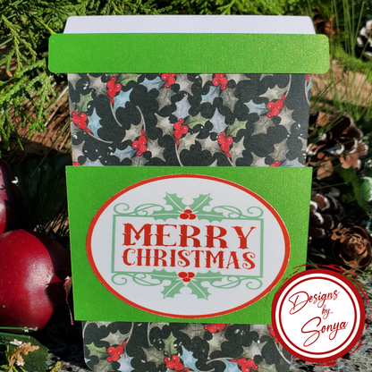 Christmas Gift Card Holder – Coffee Cup Design with Holly Print, Glitter Sleeve & Envelope – Holiday Teacher or Coworker Gift