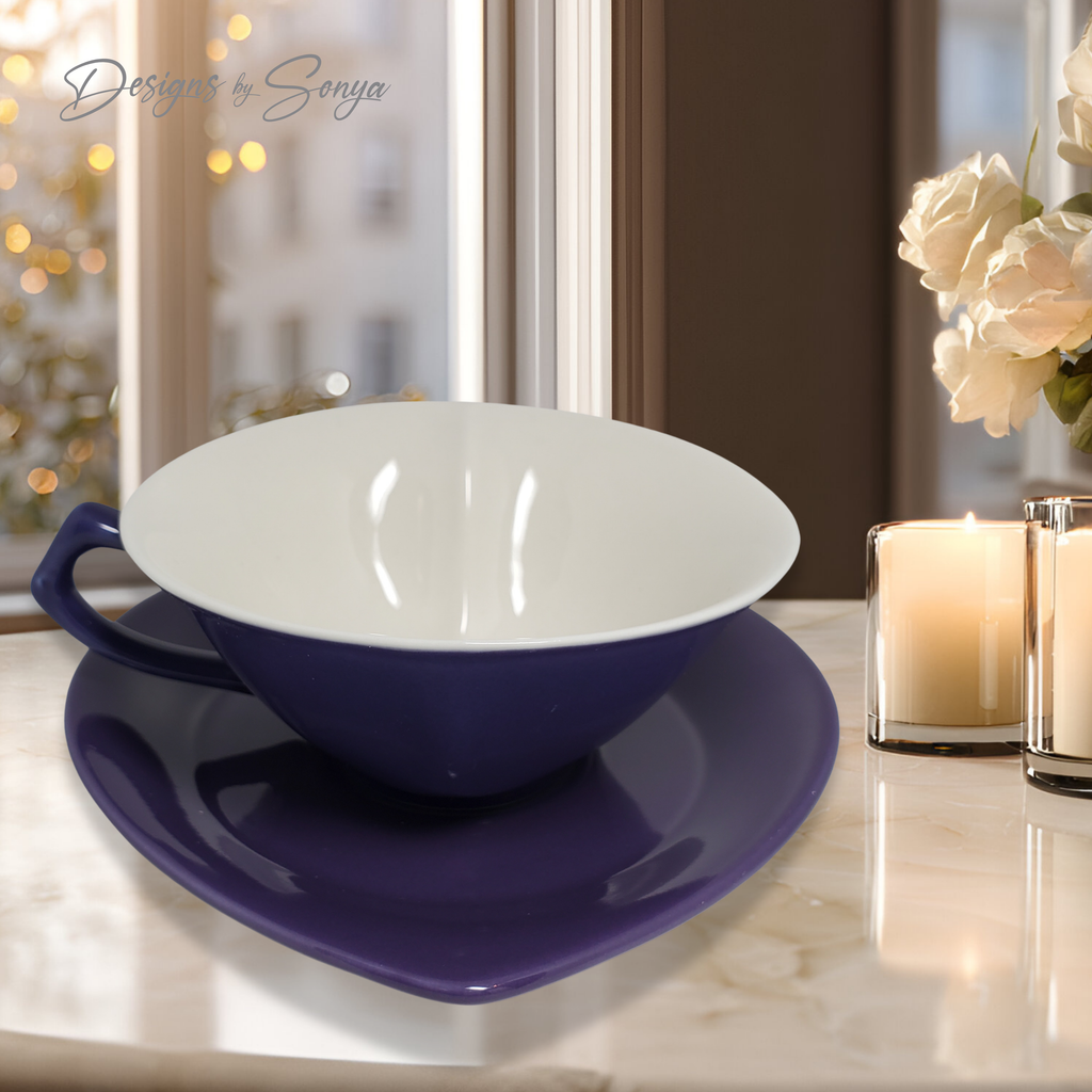 Discontinued Mary Kay Heart Teacup and Saucer Set, Purple Ceramic Cup, Rare Collectible Tea Cup Set, Romantic Gift Idea, New Unused