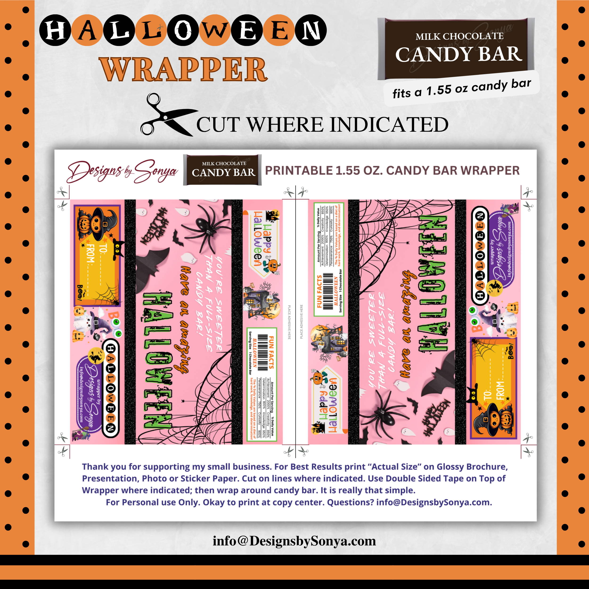 Sweeter Than Candy Halloween Chocolate Bar Wrapper | Cute Ghost & Spider Web Design | Printable Party Favor for Kids and Adults