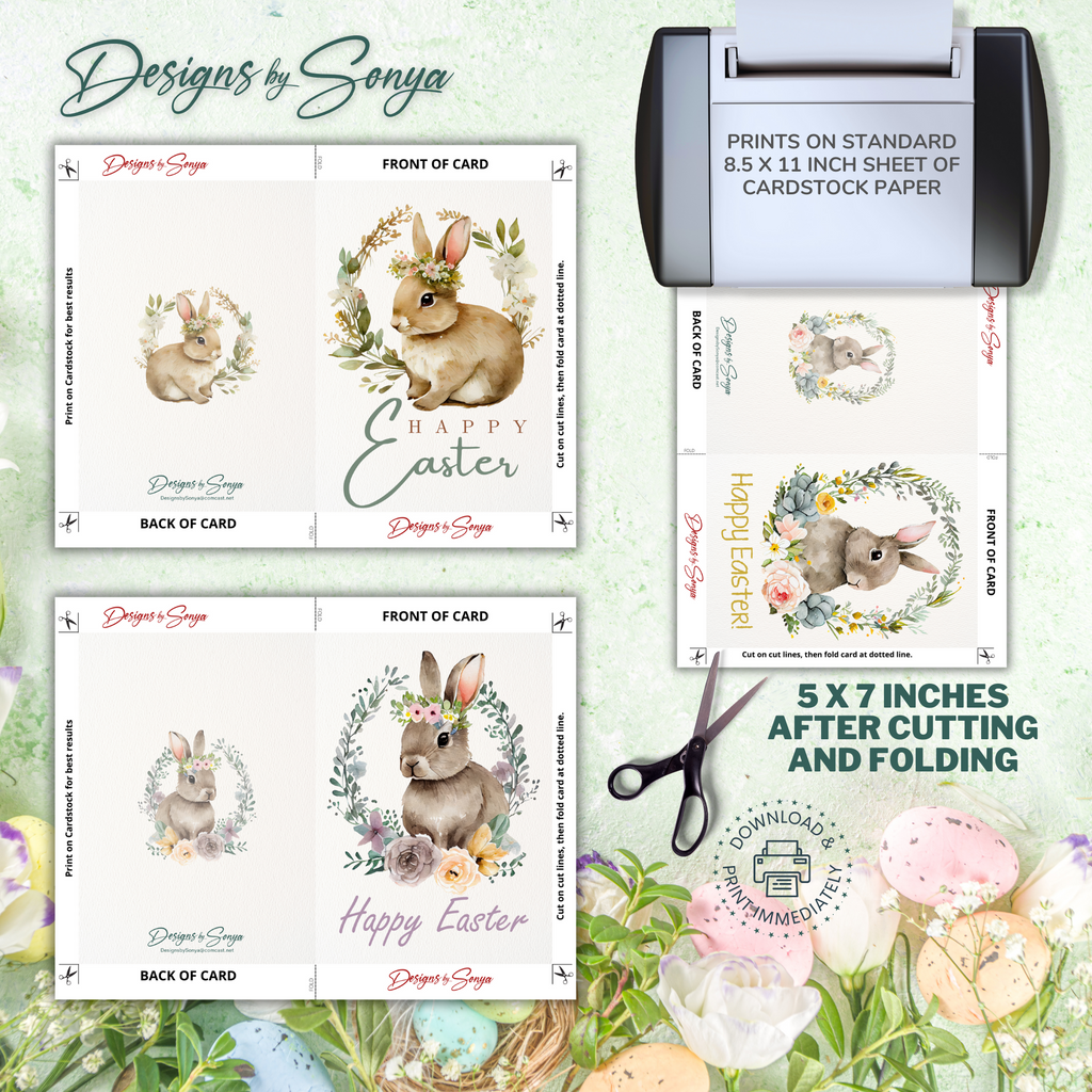 Elegant Custom Designed Set of 6 Printable 5 x 7 inch Happy Easter Greeting Cards - Floral Designs with an Adorable Rabbit -Instant Download