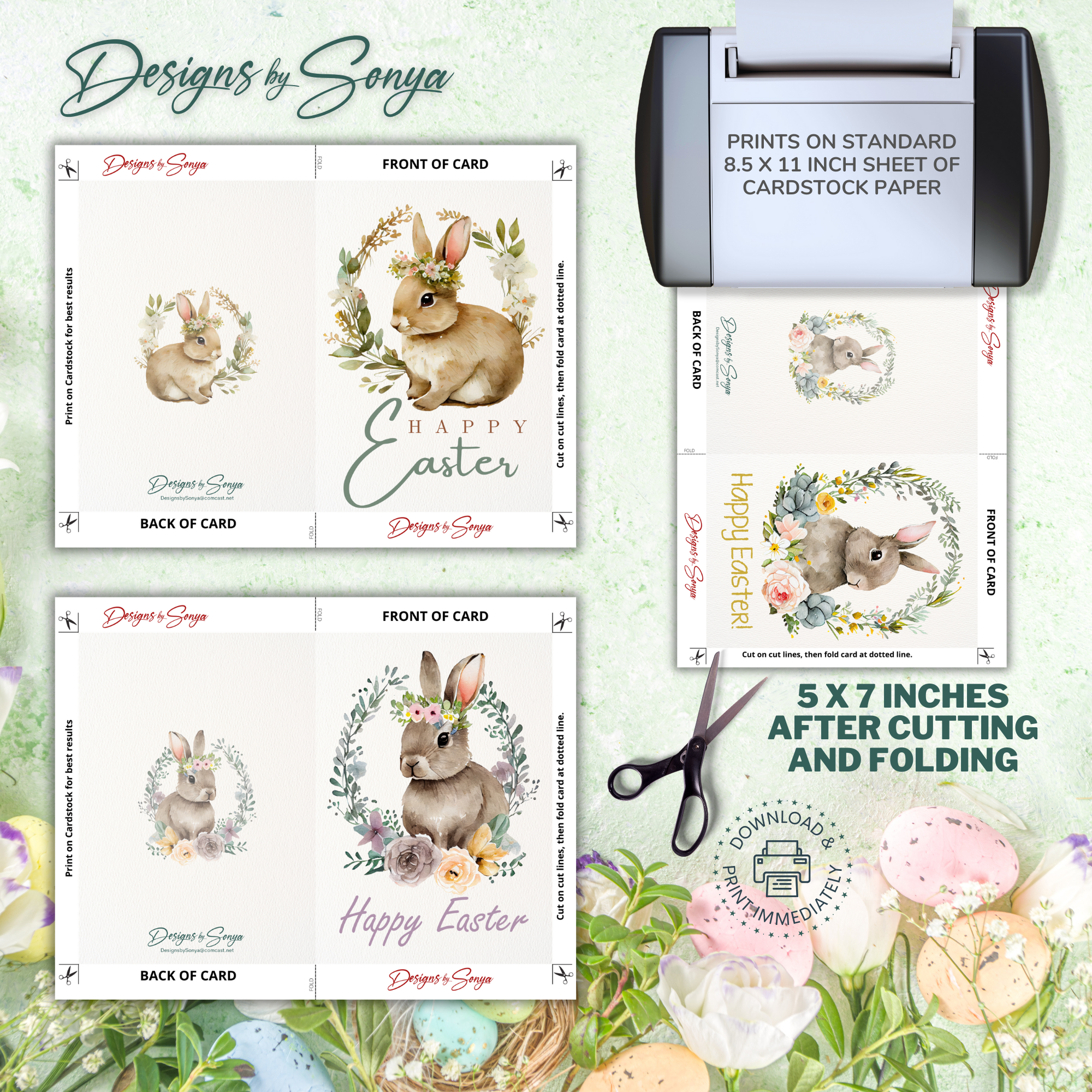Elegant Custom Designed Set of 6 Printable 5 x 7 inch Happy Easter Greeting Cards - Floral Designs with an Adorable Rabbit -Instant Download