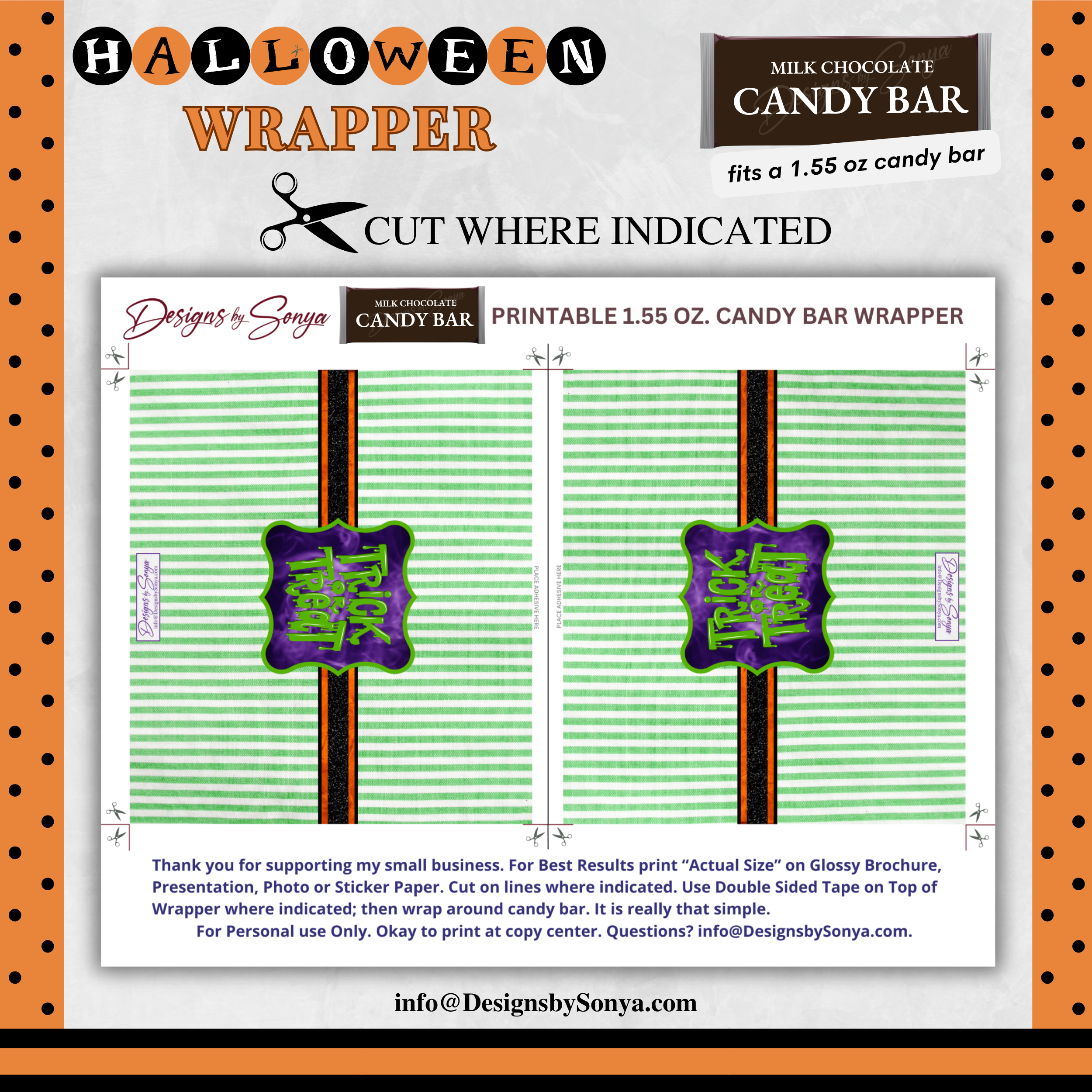 Custom Halloween Digital Candy Bar Wrapper | Printable Candy Bar Covers | Instant Download for Trick-or-Treat Party Favors | Fits 1.55 oz Hershey's Chocolate Bar