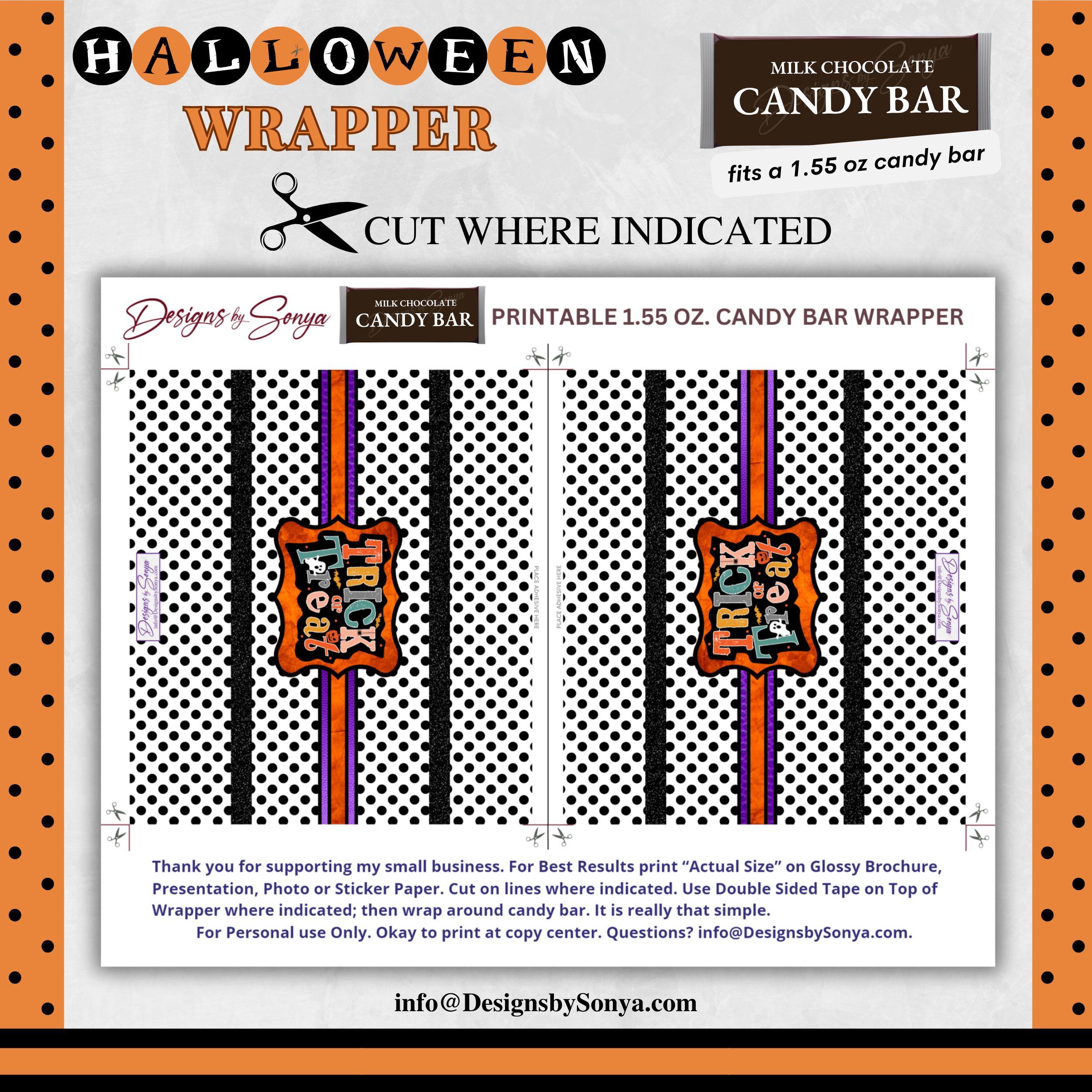 Custom Halloween Digital Candy Bar Wrapper | Printable Candy Bar Covers | Instant Download for Trick-or-Treat Party Favors | Fits 1.55 oz Hershey's Chocolate Bar