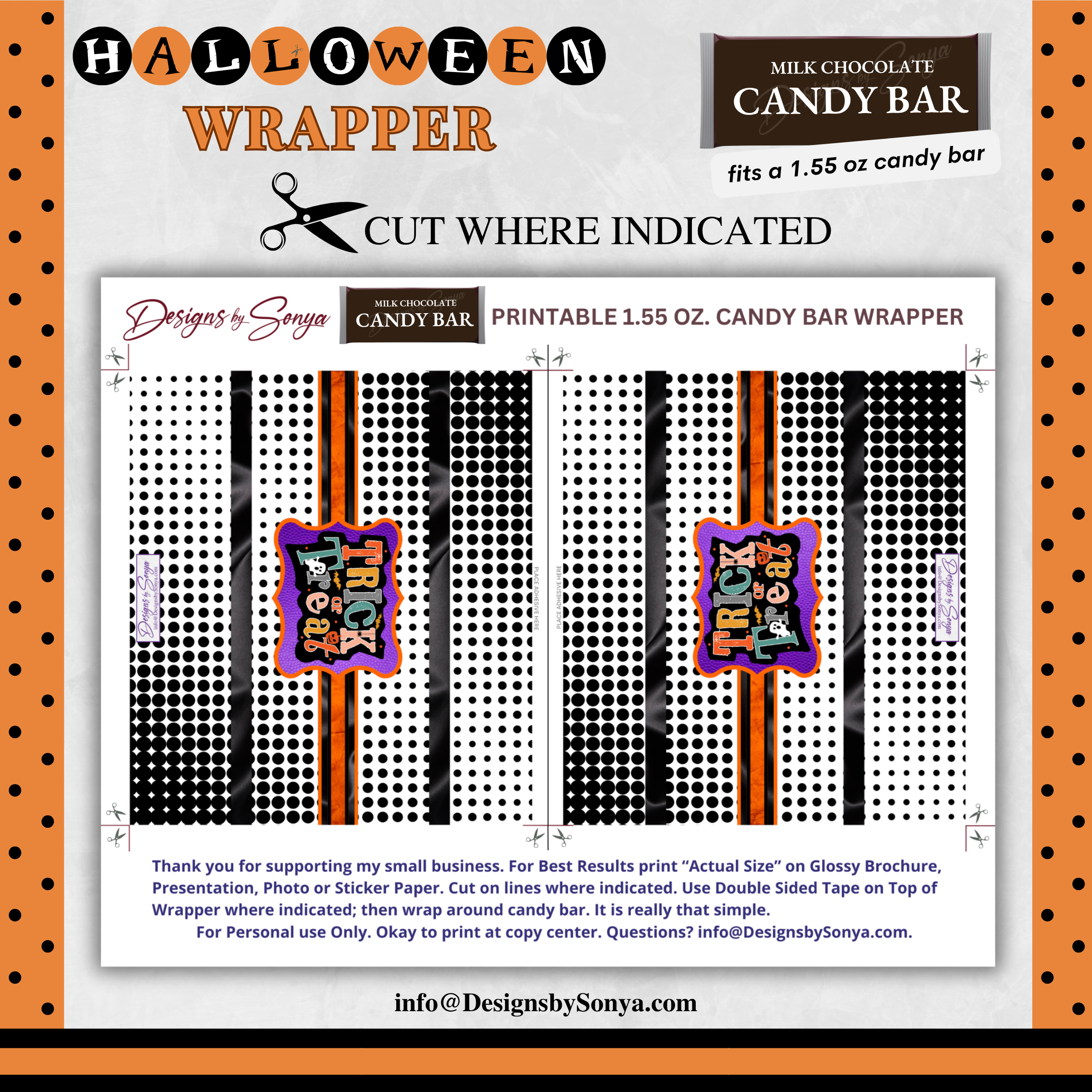 Custom Halloween Digital Candy Bar Wrapper | Printable Candy Bar Covers | Instant Download for Trick-or-Treat Party Favors | Fits 1.55 oz Hershey's Chocolate Bar