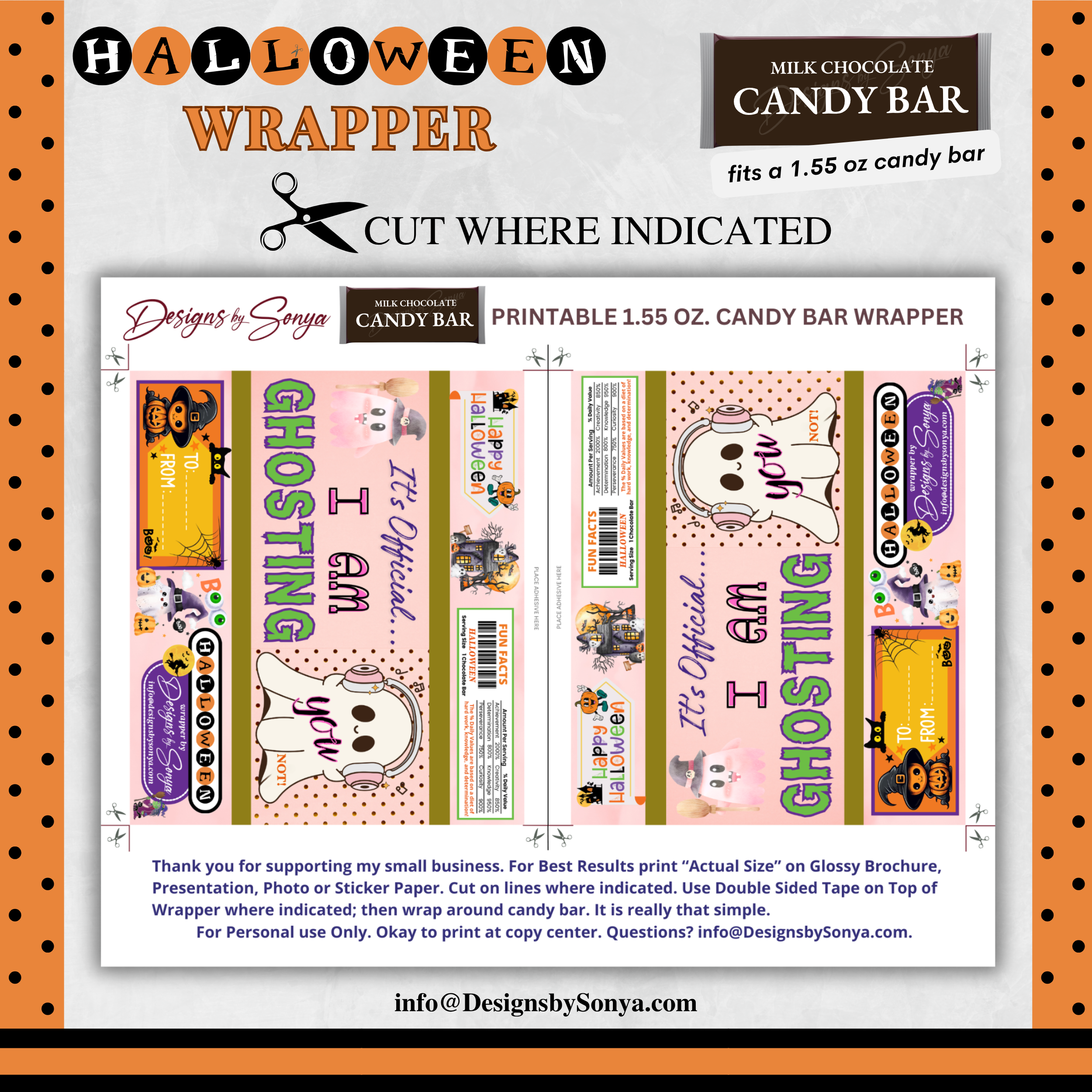 Custom Halloween Digital Candy Bar Wrapper | Printable Candy Bar Covers | Instant Download for Trick-or-Treat Party Favors | Fits 1.55 oz Hershey's Chocolate Bar