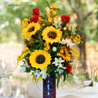 Sunflower & Red Rose Floral Arrangement Insert – Artificial Centerpiece for Home Decor, Table Display, Parties, Summer Flowers, Ready to Ship