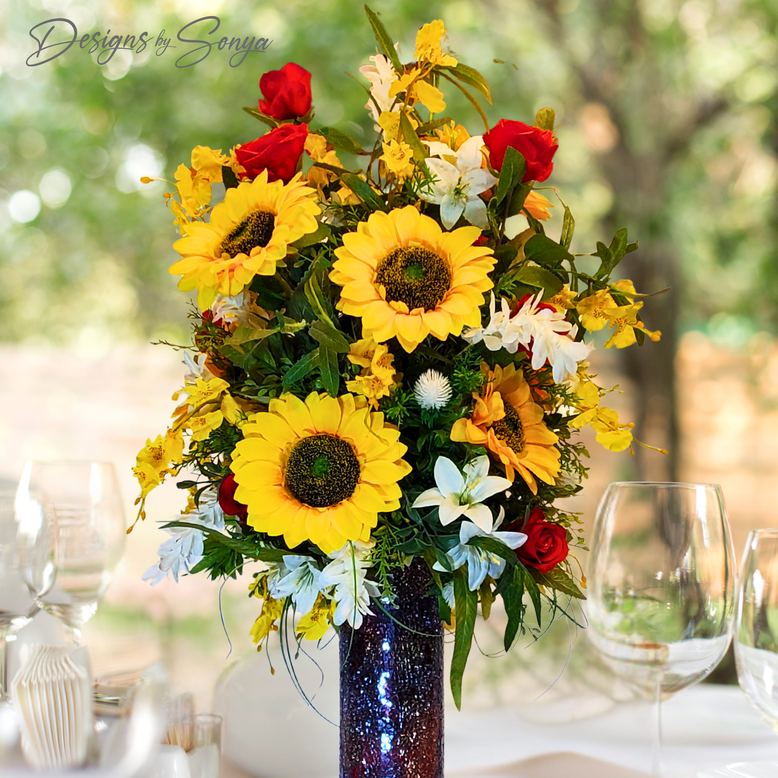 Sunflower & Red Rose Floral Arrangement Insert – Artificial Centerpiece for Home Decor, Table Display, Parties, Summer Flowers, Ready to Ship