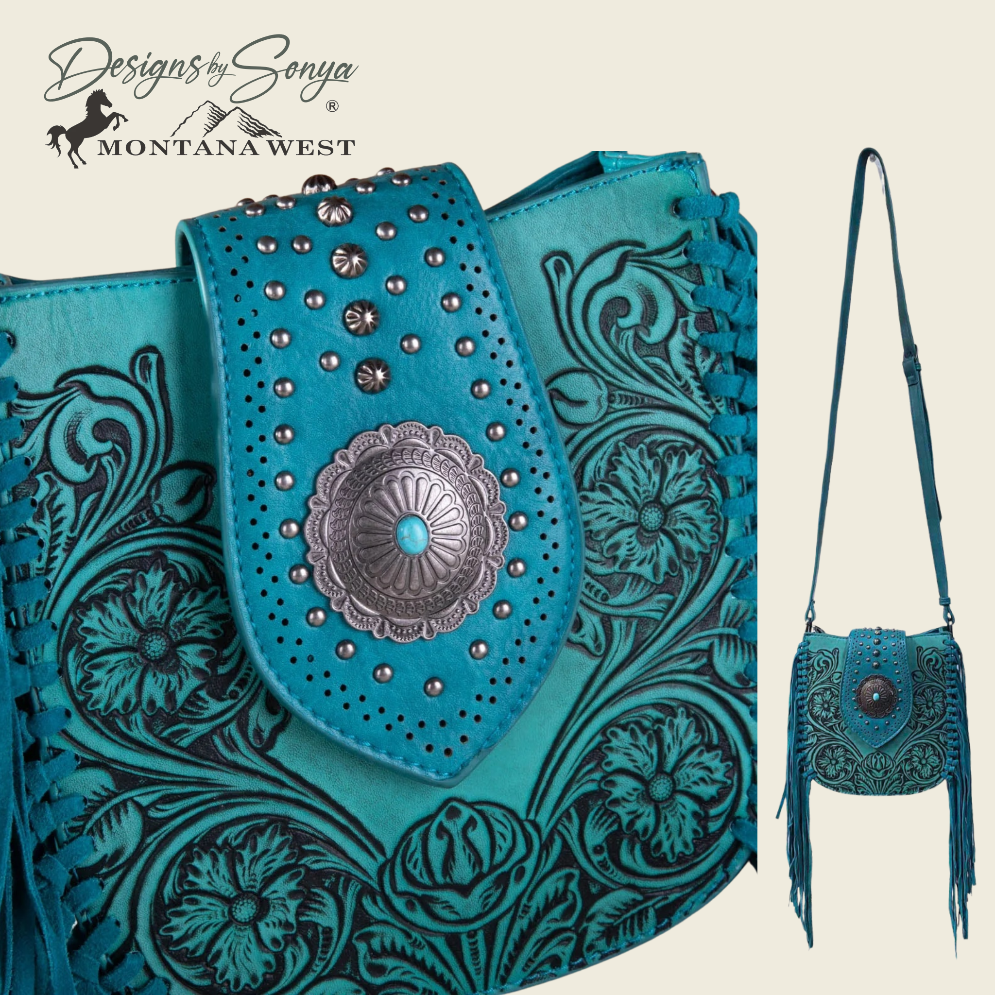 Montana West Turquoise Hand-Tooled Floral Crossbody Fringe Purse with Concealed Carry | Turquoise | MW1249-8360TQ