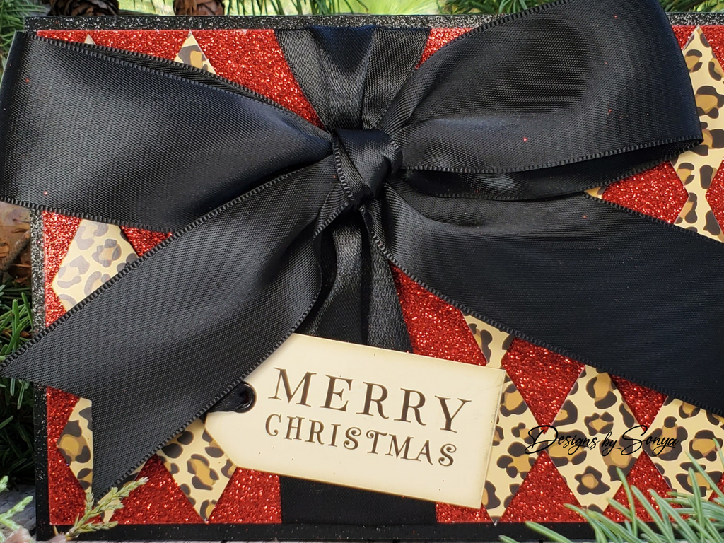 Handcrafted Merry Christmas Card with Red Glitter, Leopard Print, and Black Satin Bow | A2 Holiday Greeting Card, Unique and Elegant Design