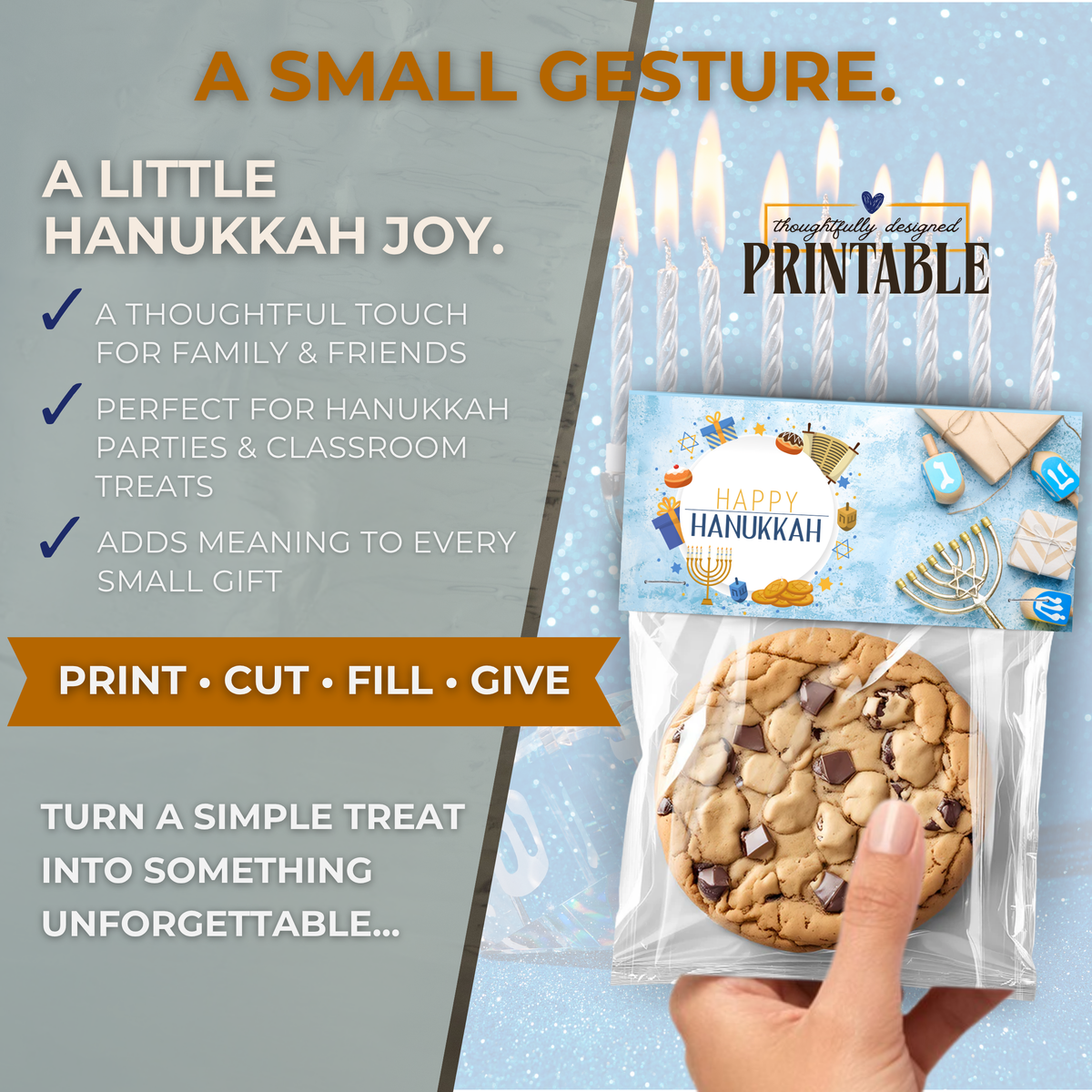 Printable Hanukkah Treat Bag Topper | Happy Hanukkah Candy Bag Topper | Menorah, Dreidels & Gifts | Jewish Holiday Party Favor | 4" x 2" PDF