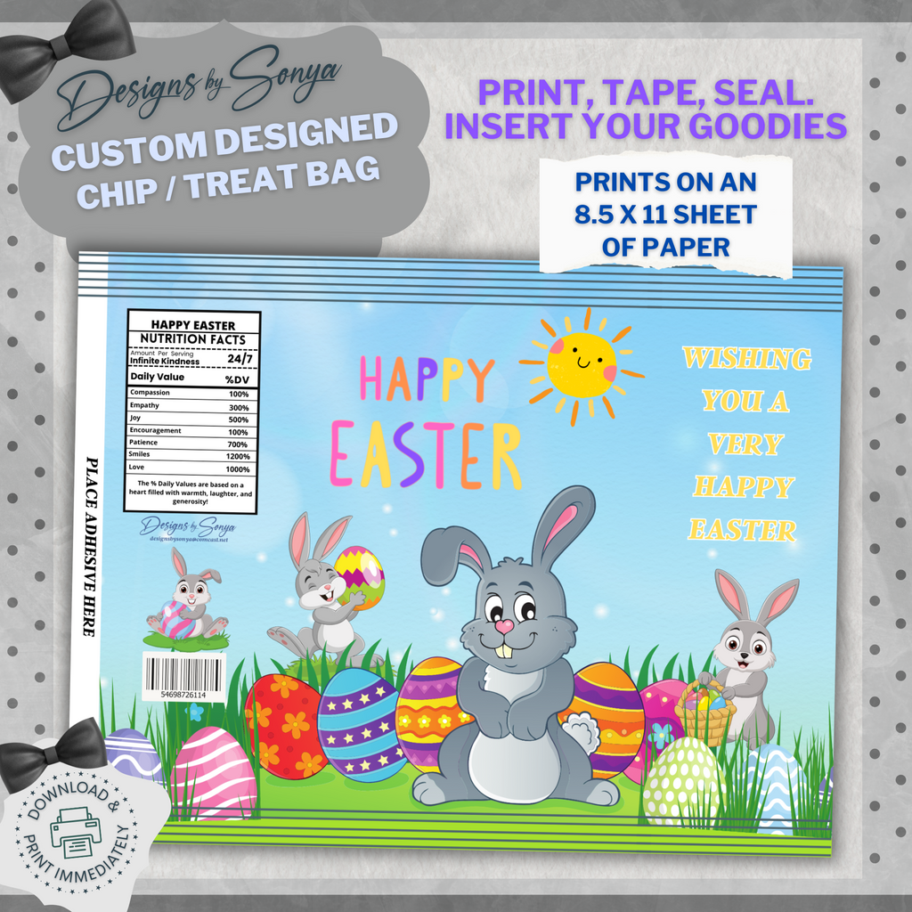 Custom Designed Easter Bunny Chip or Treat Bag | Classroom Party Favor | Simple | Unique | Teacher Gift | Instant Download | Print at Home