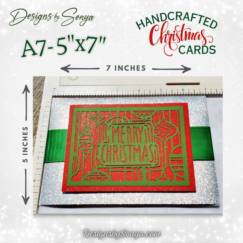 Handcrafted Merry Christmas Card – Red & Green Die-Cut Design with Silver Glitter & Green Ribbon – A7 5x7 Holiday Greeting | Unique Keepsake Christmas Card