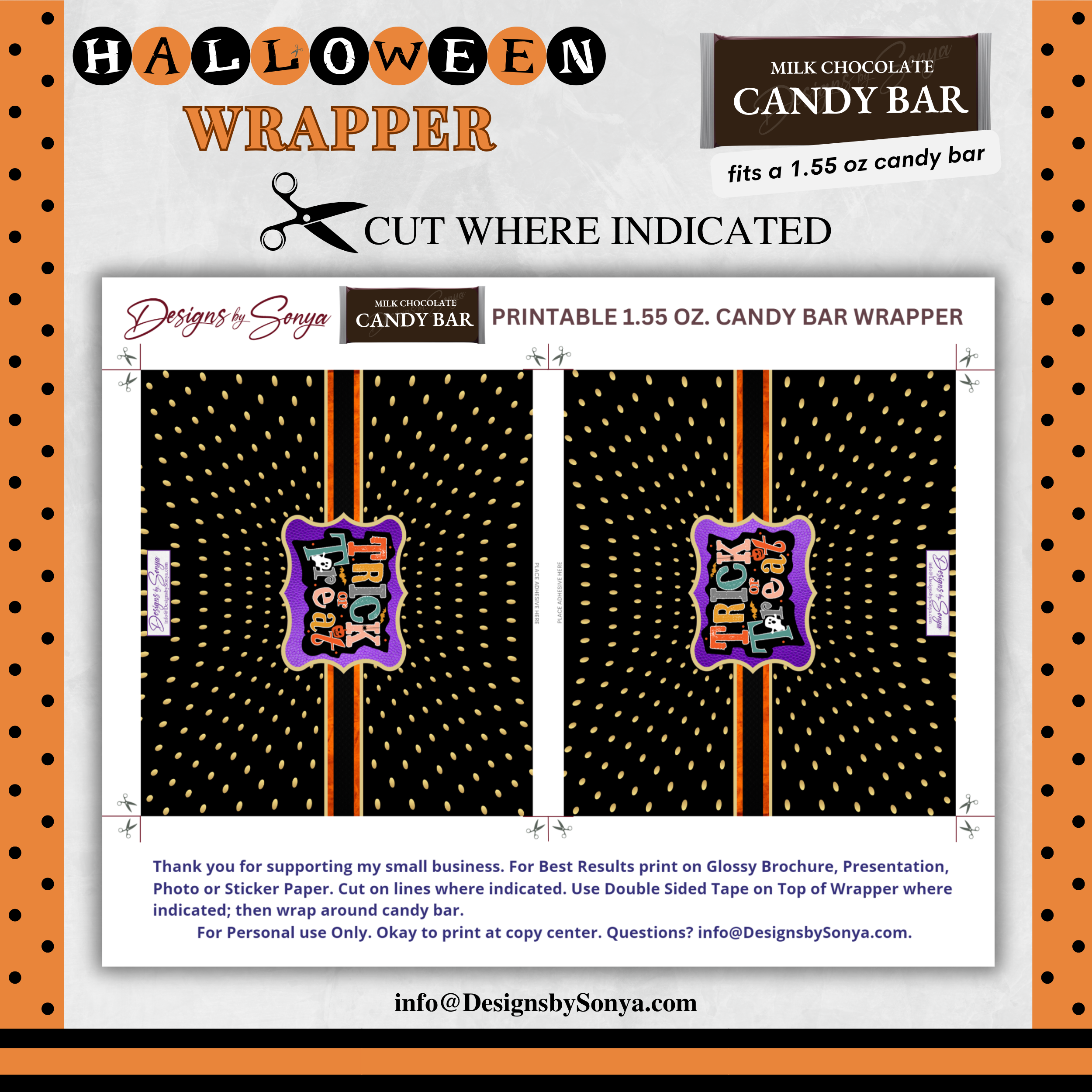 Custom Halloween Digital Candy Bar Wrapper | Printable Candy Bar Covers | Instant Download for Trick-or-Treat Party Favors | Fits 1.55 oz Hershey's Chocolate Bar