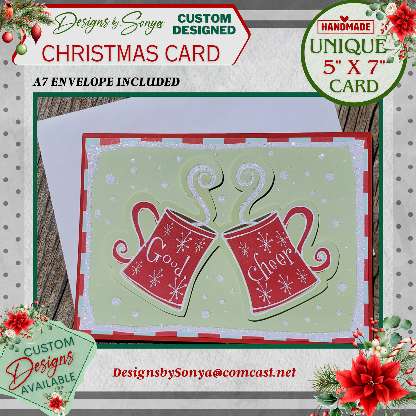 LIMITED EDITION | Festive Good Cheer Glitter Mugs | 5" x7" Sparkling Christmas Card | Custom Designed 3D Layered | Unique Holiday Greetings