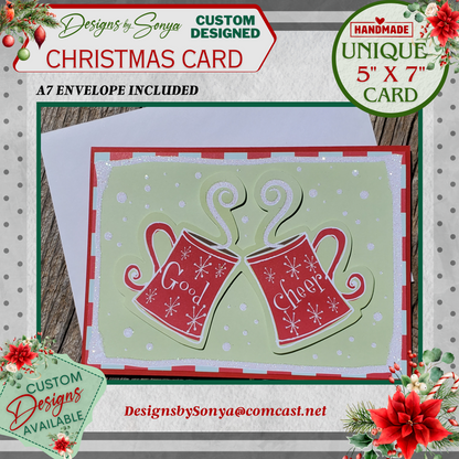 LIMITED EDITION | Festive Good Cheer Glitter Mugs | 5" x7" Sparkling Christmas Card | Custom Designed 3D Layered | Unique Holiday Greetings