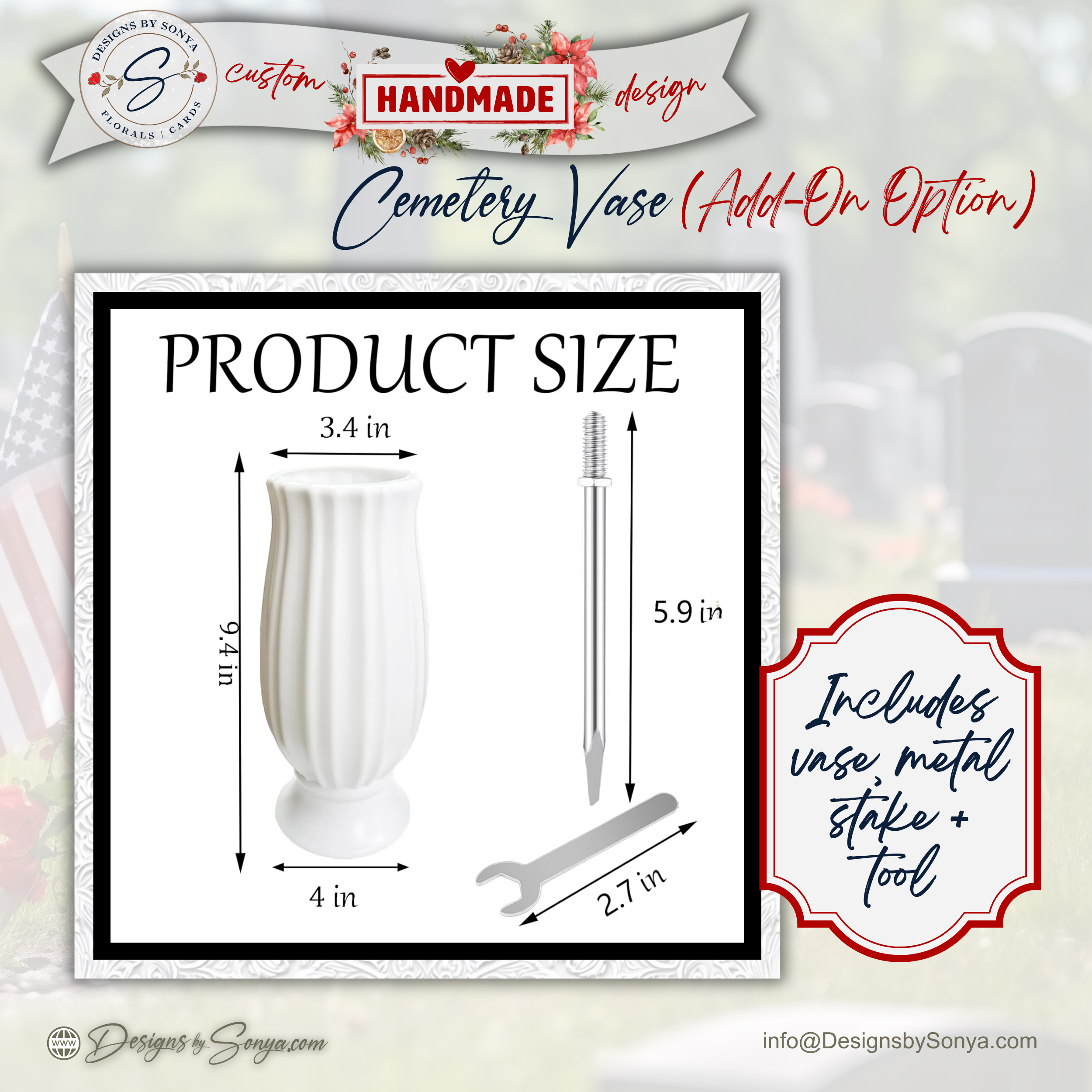 White Cemetery Vase Add-On with Ground Stake – Graveside Memorial Flower Holder for Headstones Without a Vase – Outdoor Tribute Display