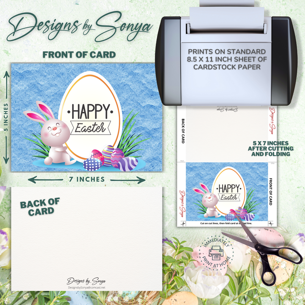 Happy Easter Cute Rabbit | Custom Designed | 5 x 7 Printable Greeting Card | Matching Envelope Included | Instant Download | Print from Home