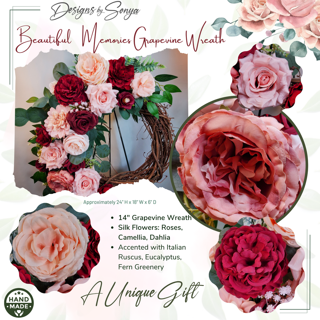 Grapevine Front Door Wreath - Country Rustic Porch, Memorial Service Handcrafted with Roses, Camellias, Dahlias, Greenery