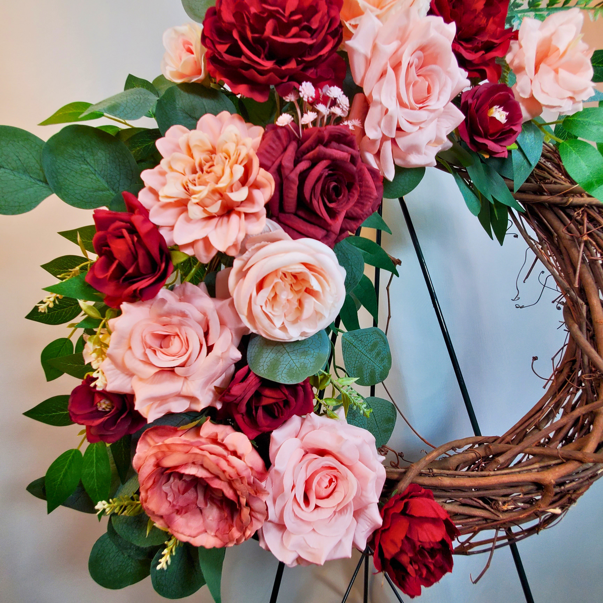 Blush Pink and Burgundy Floral Wreath, Grapevine Front Door Rose Wreath, Romantic Everyday Home Decor