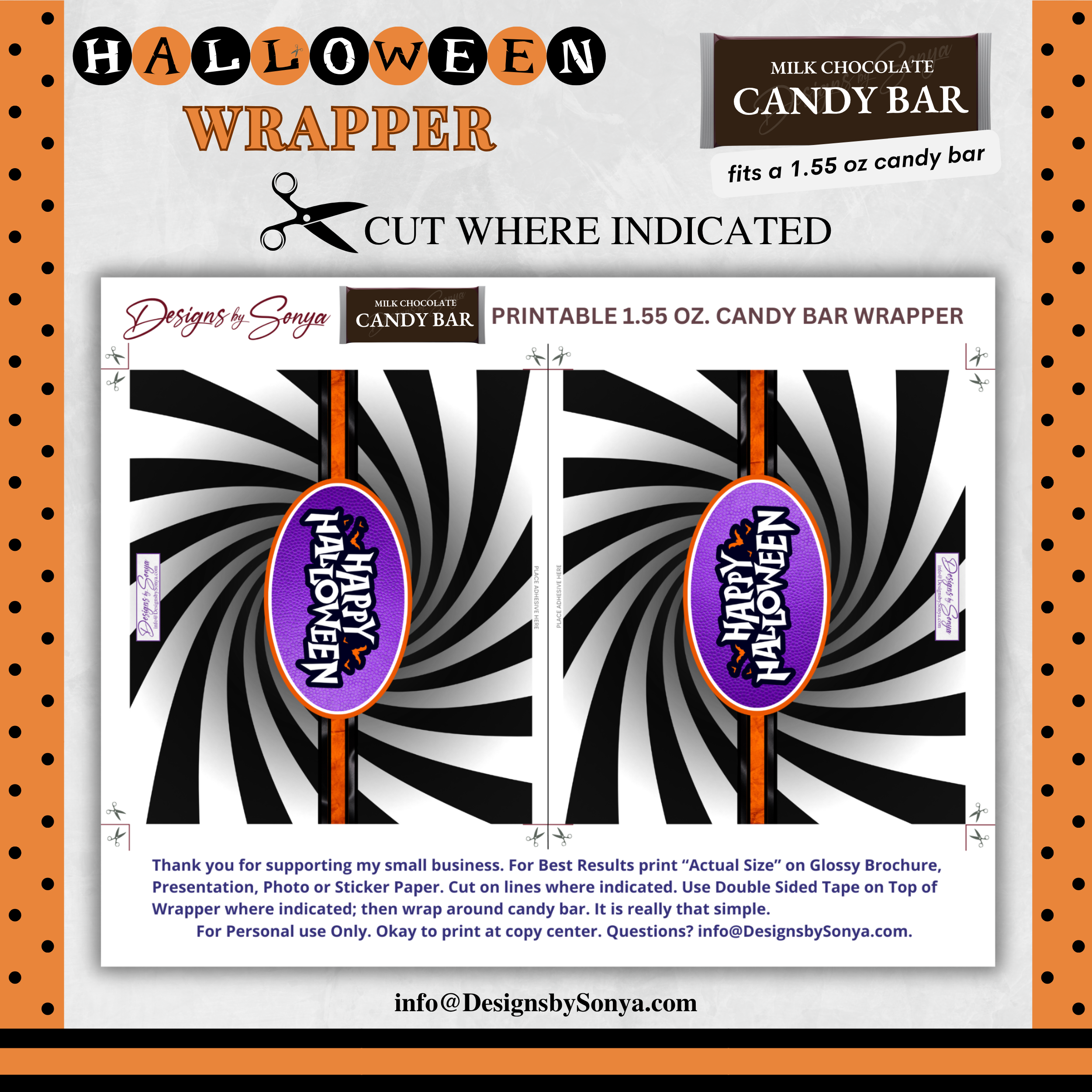 Custom Halloween Digital Candy Bar Wrapper | Printable Candy Bar Covers | Instant Download for Trick-or-Treat Party Favors | Fits 1.55 oz Hershey's Chocolate Bar