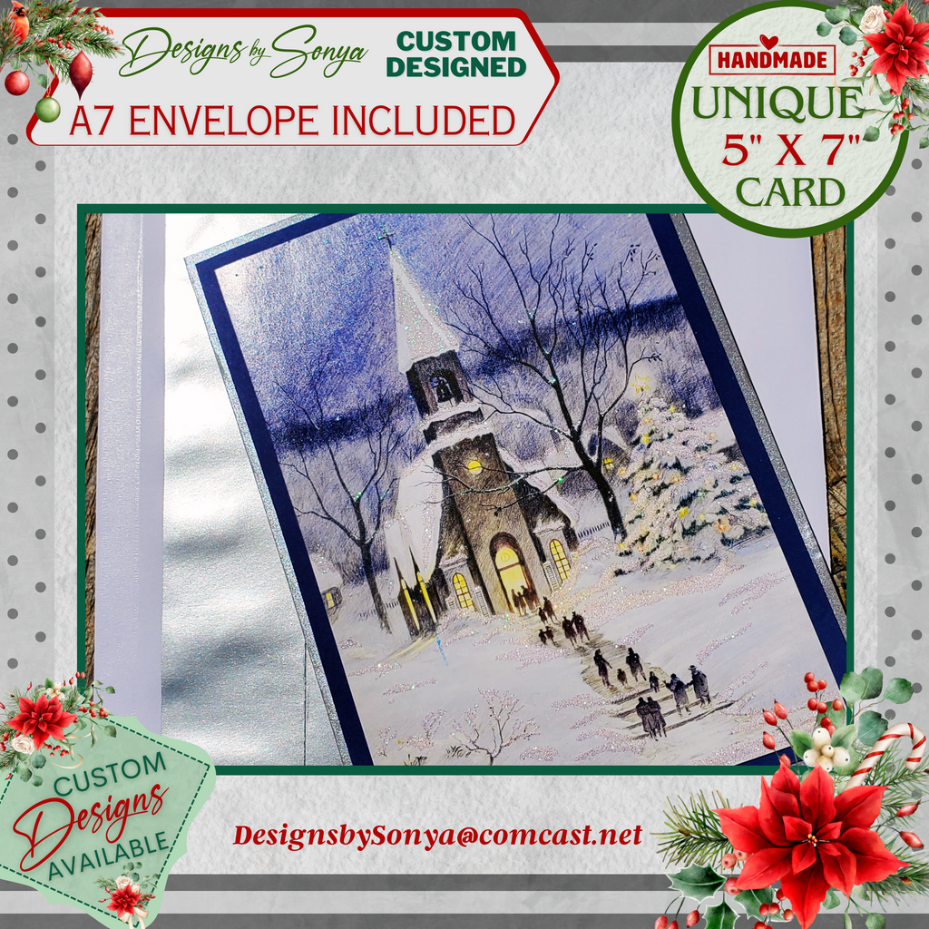 Handmade Christmas Card with Snowy Church Scene & Religious Message – Elegant Winter Holiday Greeting with Silver-Lined Envelope