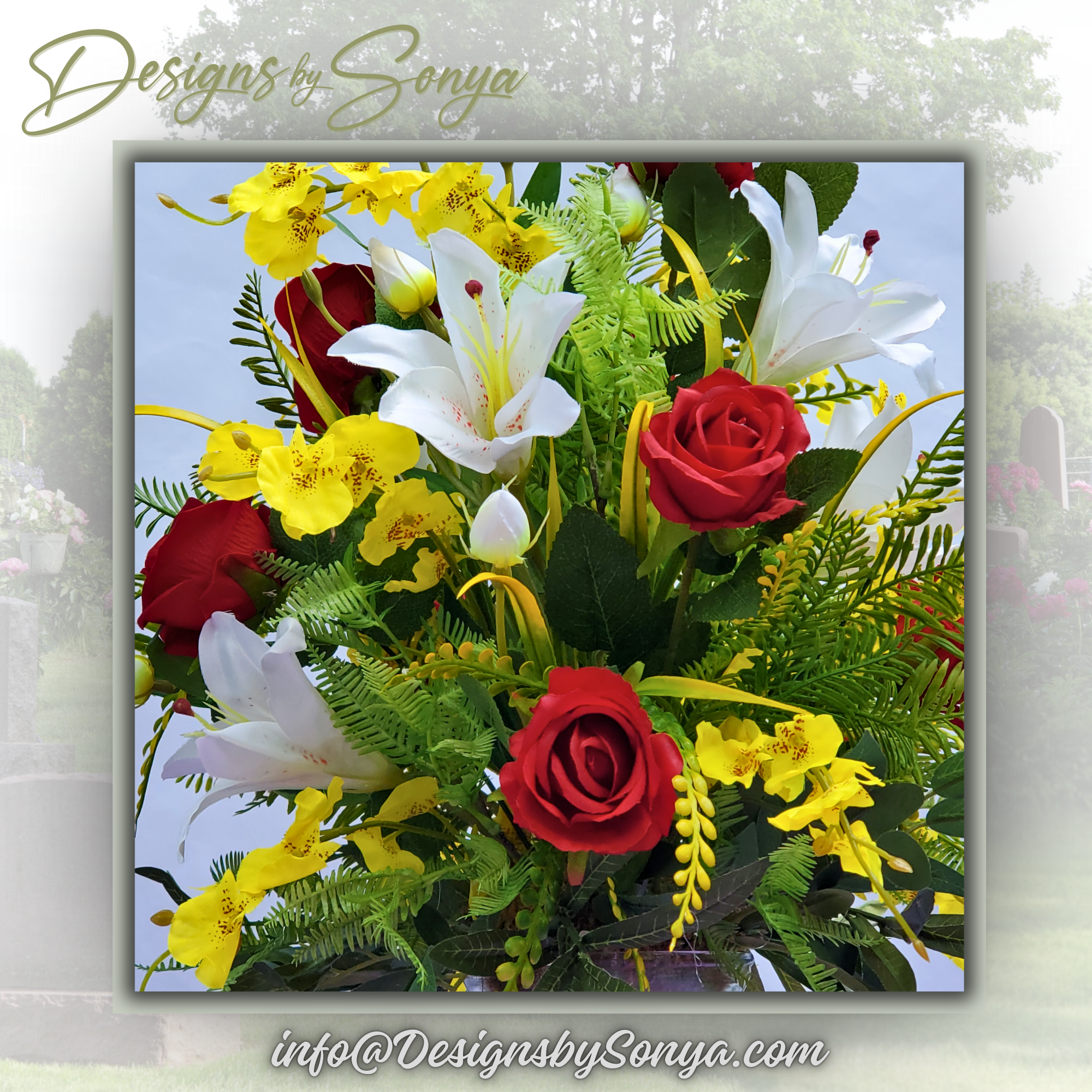 Alternate Angle Showing Flower Placement
Beautiful mix of red roses, pure white lilies, and yellow orchids set against greenery and fern leaves for a balanced, full floral display.