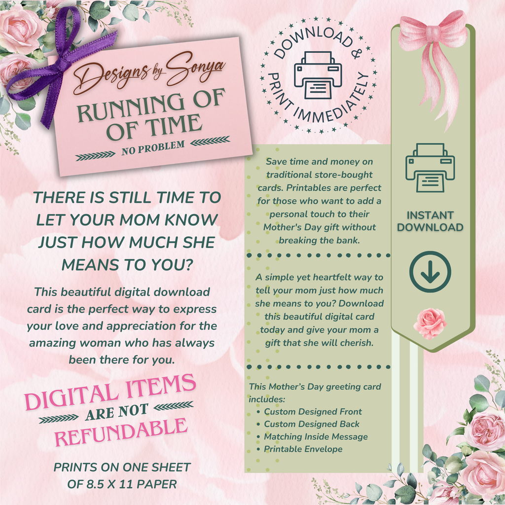 Pink Roses Mother's Day | Custom Designed | 5 x 7 Printable Greeting Card | Matching Envelope Included | Instant Download | Print from Home