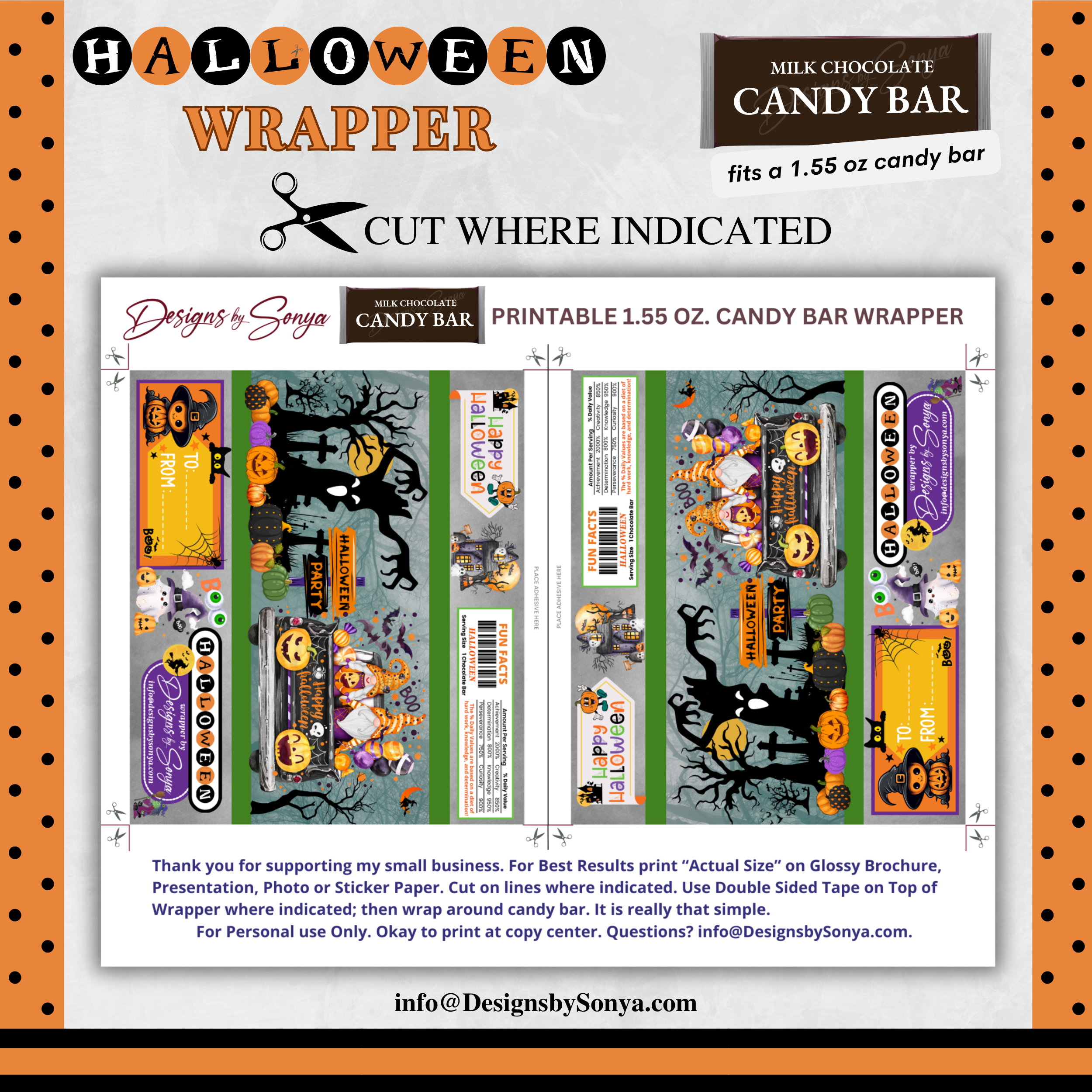 Custom Halloween Digital Candy Bar Wrapper | Printable Candy Bar Covers | Instant Download for Trick-or-Treat Party Favors | Fits 1.55 oz Hershey's Chocolate Bar