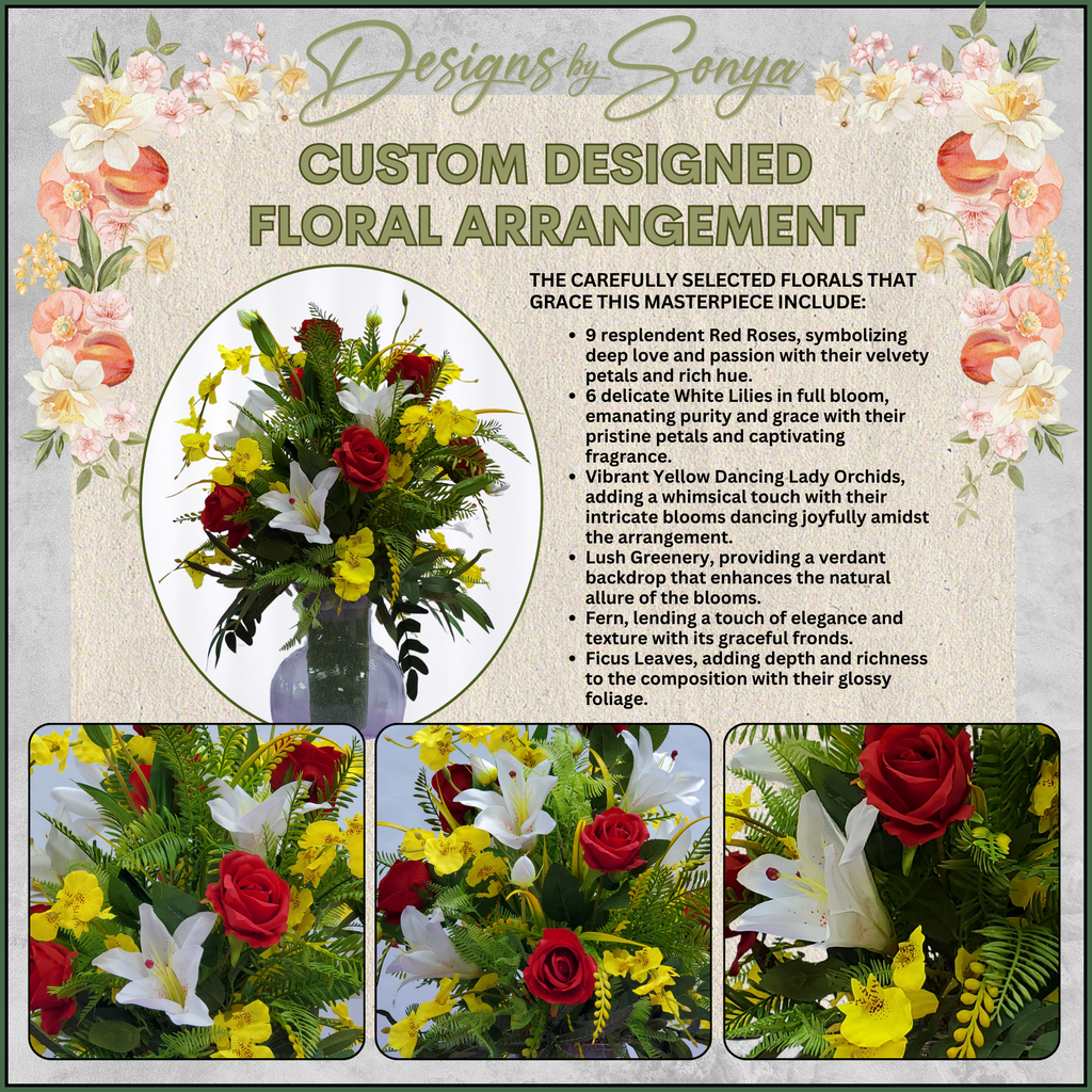 Close-Up Details of Flowers
Vibrant red roses, pristine white lilies, and bright yellow orchids surrounded by lush greenery and ferns in a full, rounded cemetery arrangement.