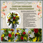 Close-Up Details of Flowers
Vibrant red roses, pristine white lilies, and bright yellow orchids surrounded by lush greenery and ferns in a full, rounded cemetery arrangement.