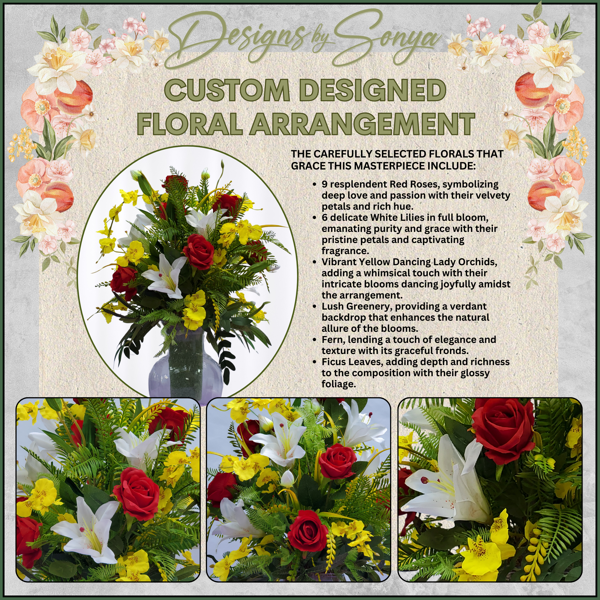 Close-Up Details of Flowers
Vibrant red roses, pristine white lilies, and bright yellow orchids surrounded by lush greenery and ferns in a full, rounded cemetery arrangement.