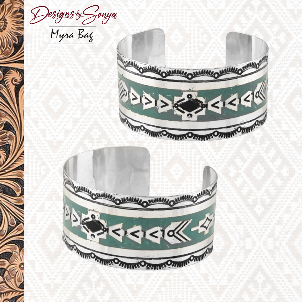 Mesa Heritage Etched Metal Cuff Southwestern Tribal Bracelet | Silver, Turquoise and Black | Myra Bags | S-8280