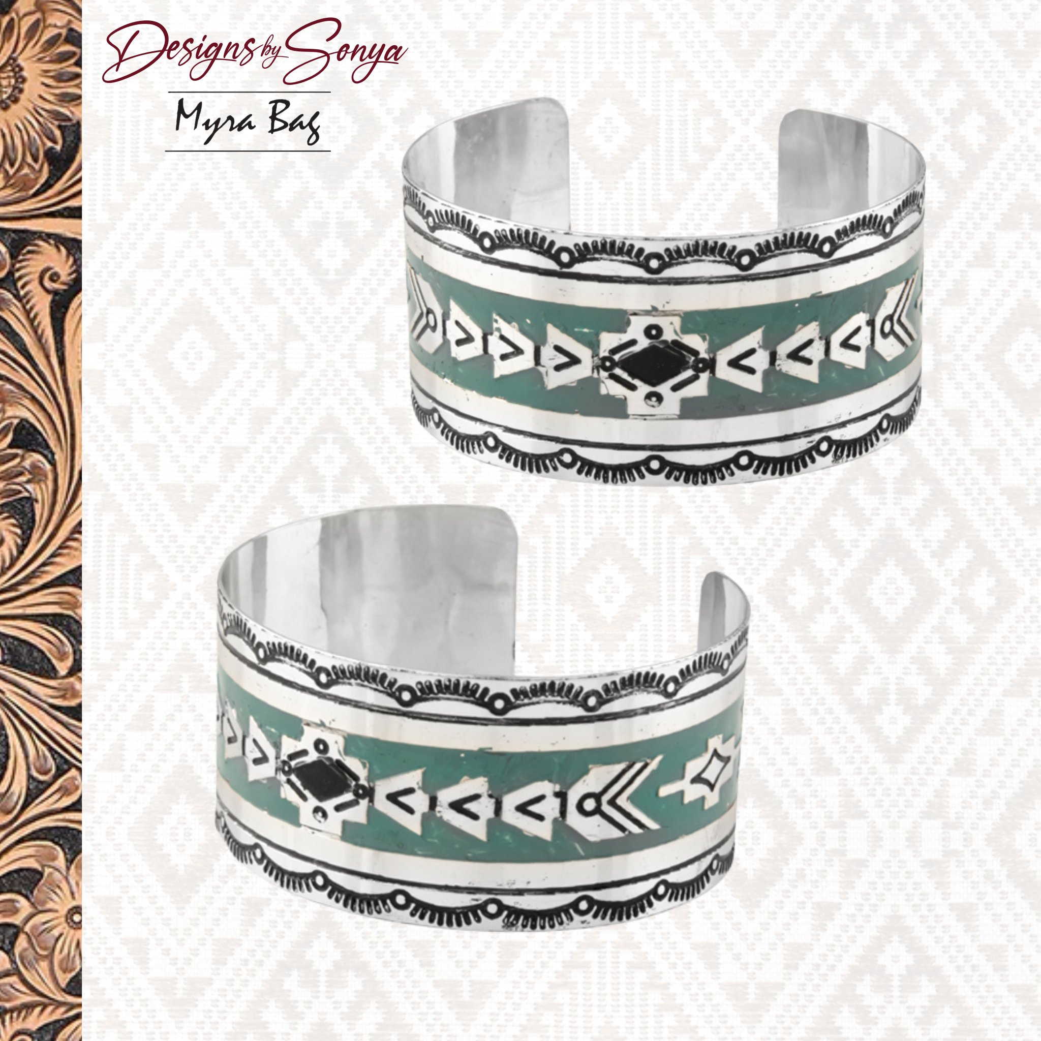 Mesa Heritage Etched Metal Cuff Southwestern Tribal Bracelet | Silver, Turquoise and Black | Myra Bags | S-8280
