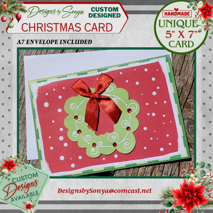 LIMITED EDITION | Handmade Christmas Wreath Card - 5x7 Holiday Seasons Greeting - Festive Red & Green with Ribbon Bow and Sparkle Accents