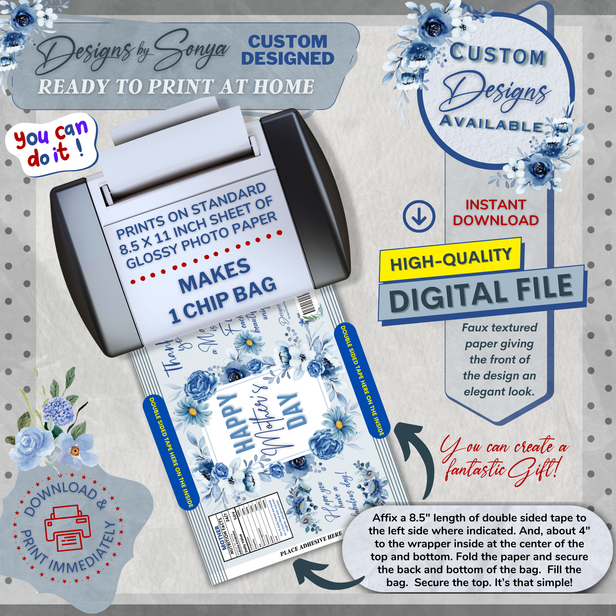Custom Designed Mother's Day Chip or Treat Bag Wrapper | Party Favor | Simple | Unique | Mom Gift | Instant Download | Print at Home